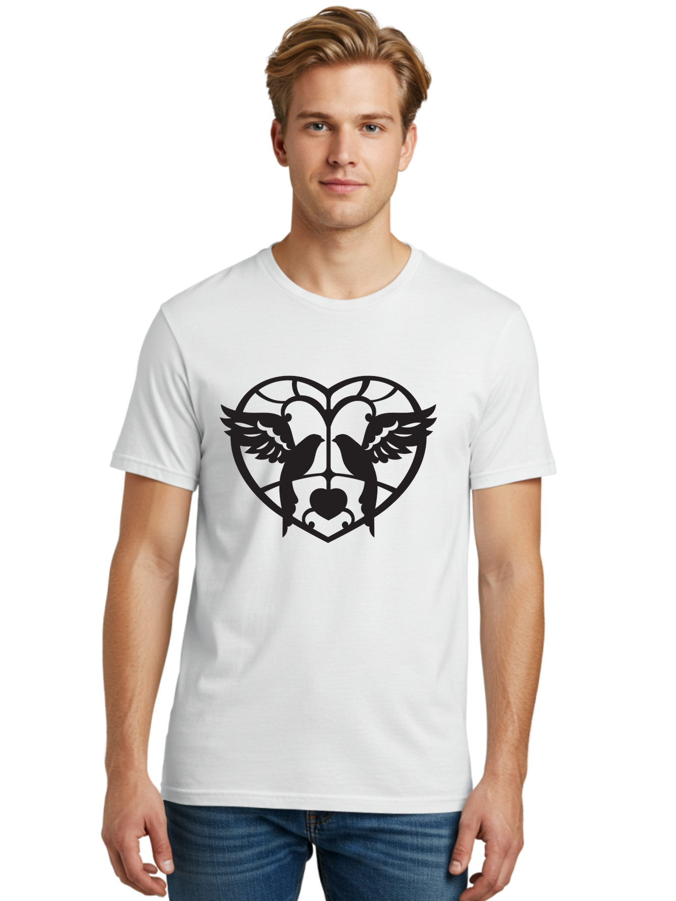 Dove-Heart Men'S Graphic Tee, 100% Cotton, Comfortable Casual Summer Wear, Machine Washable, Doves In Love, Heart Symbol, Symbol Of Love, Peace Doves, Unity, Harmony, Love And Peace, Couple Doves, Decorative Doves Aab268 30