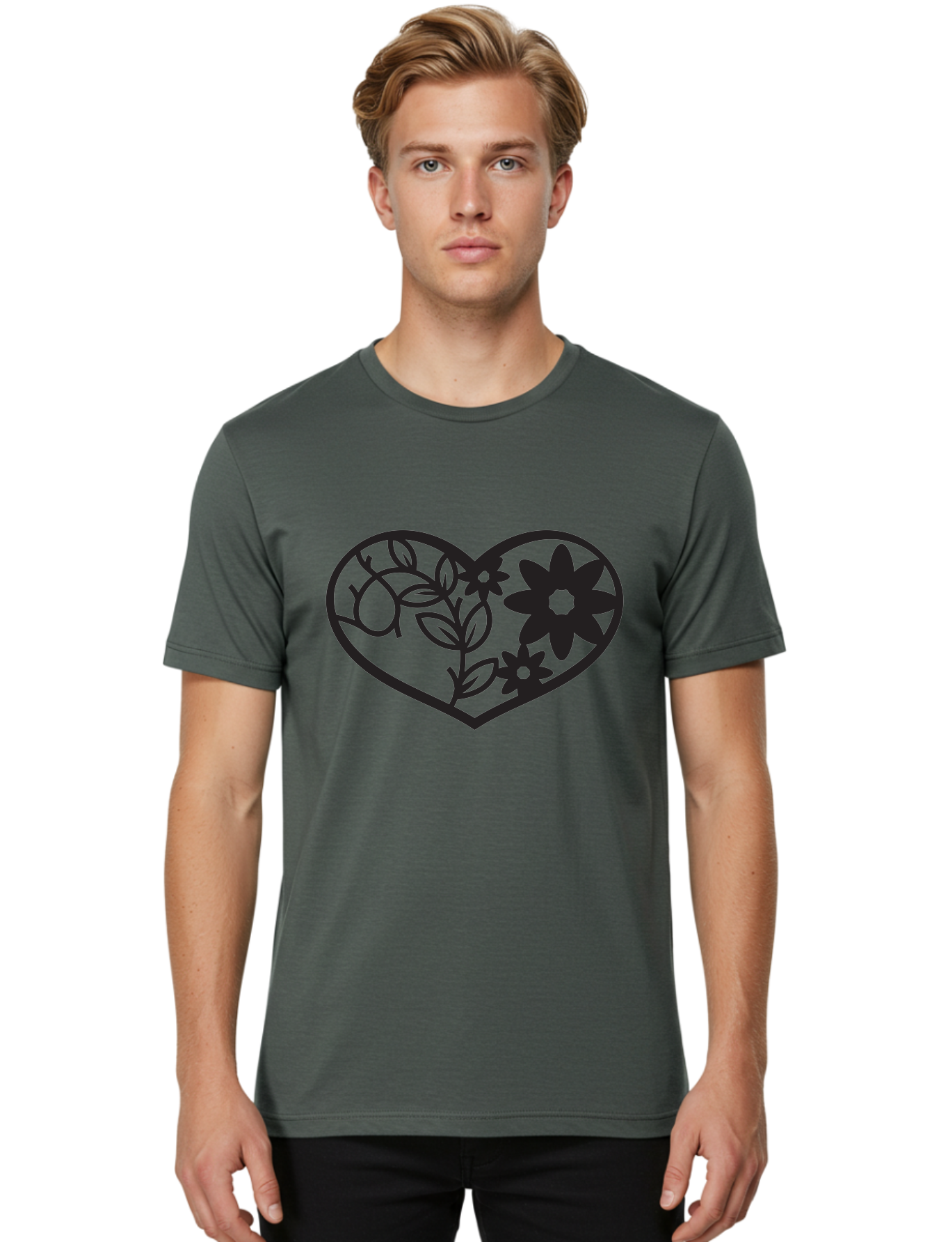 Floral-Heart Men'S Graphic Tee, 100% Cotton, Comfortable Casual Summer Wear, Machine Washable, Heart Shape, Floral Design, Flowers, Leaves, Botanical Elements, Love Symbol, Decorative Art, Simple Illustrations, Minimalist Style, Flower Motifs Aab269 28