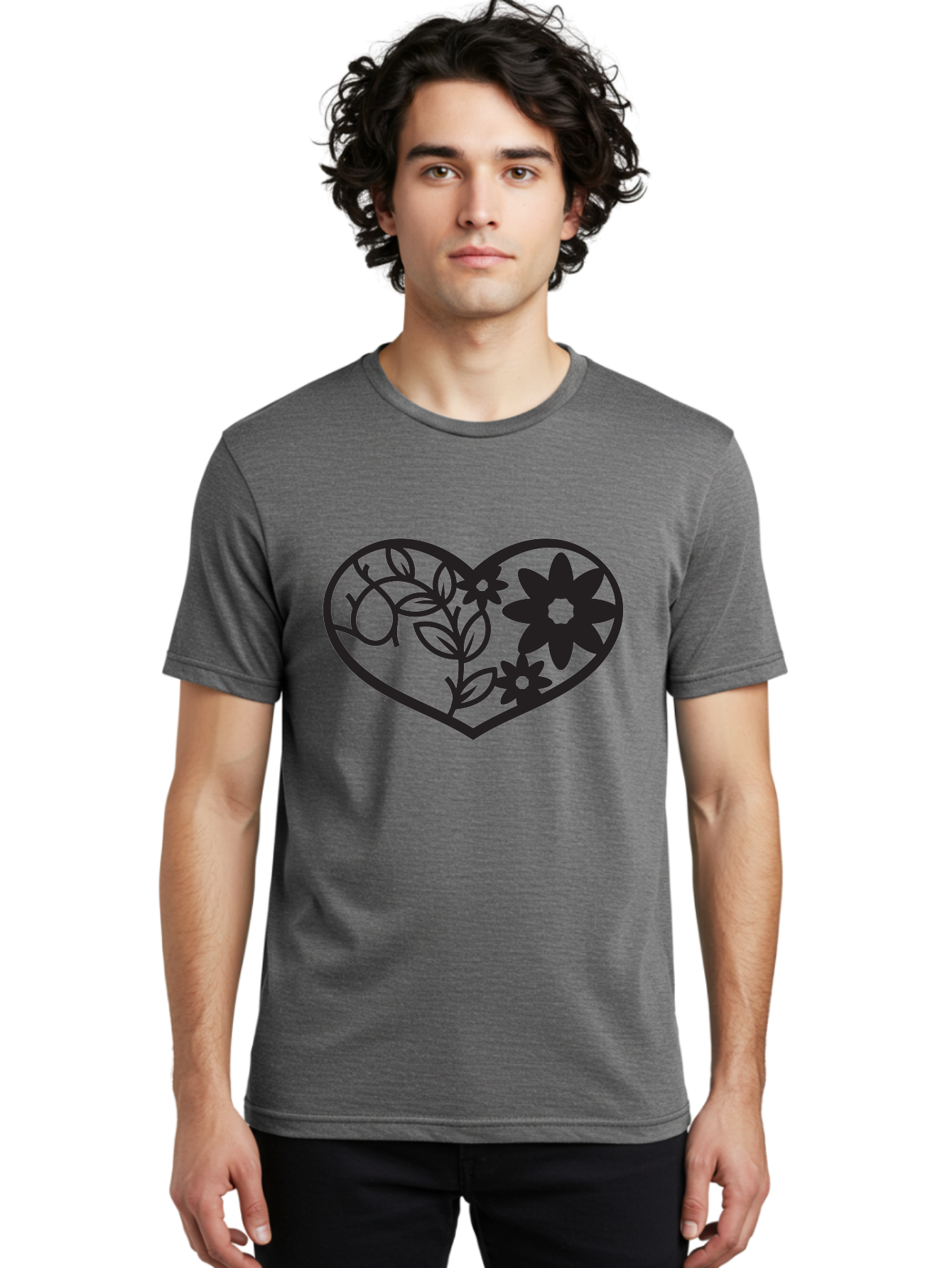 Floral-Heart Men'S Graphic Tee, 100% Cotton, Comfortable Casual Summer Wear, Machine Washable, Heart Shape, Floral Design, Flowers, Leaves, Botanical Elements, Love Symbol, Decorative Art, Simple Illustrations, Minimalist Style, Flower Motifs Aab269 10