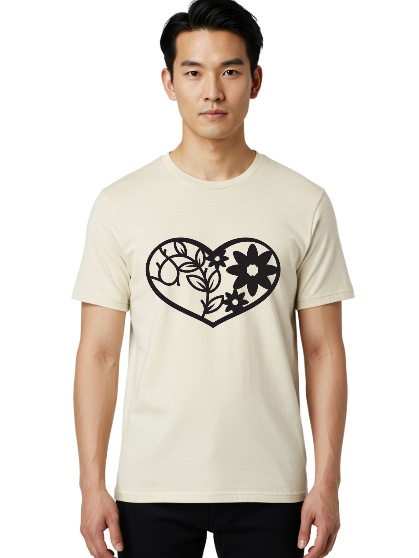 Floral-Heart Men'S Graphic Tee, 100% Cotton, Comfortable Casual Summer Wear, Machine Washable, Heart Shape, Floral Design, Flowers, Leaves, Botanical Elements, Love Symbol, Decorative Art, Simple Illustrations, Minimalist Style, Flower Motifs Aab269 22