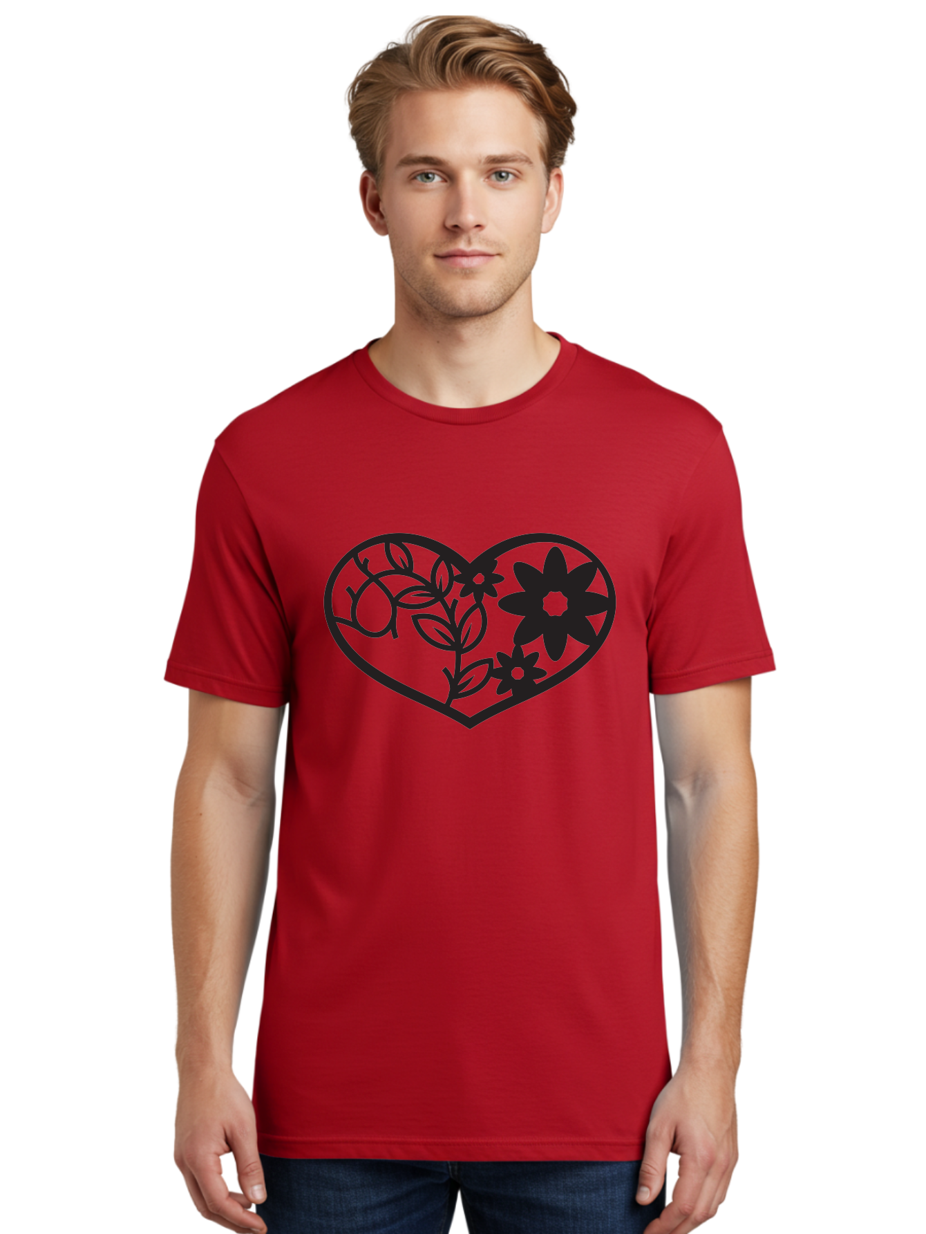 Floral-Heart Men'S Graphic Tee, 100% Cotton, Comfortable Casual Summer Wear, Machine Washable, Heart Shape, Floral Design, Flowers, Leaves, Botanical Elements, Love Symbol, Decorative Art, Simple Illustrations, Minimalist Style, Flower Motifs Aab269 30