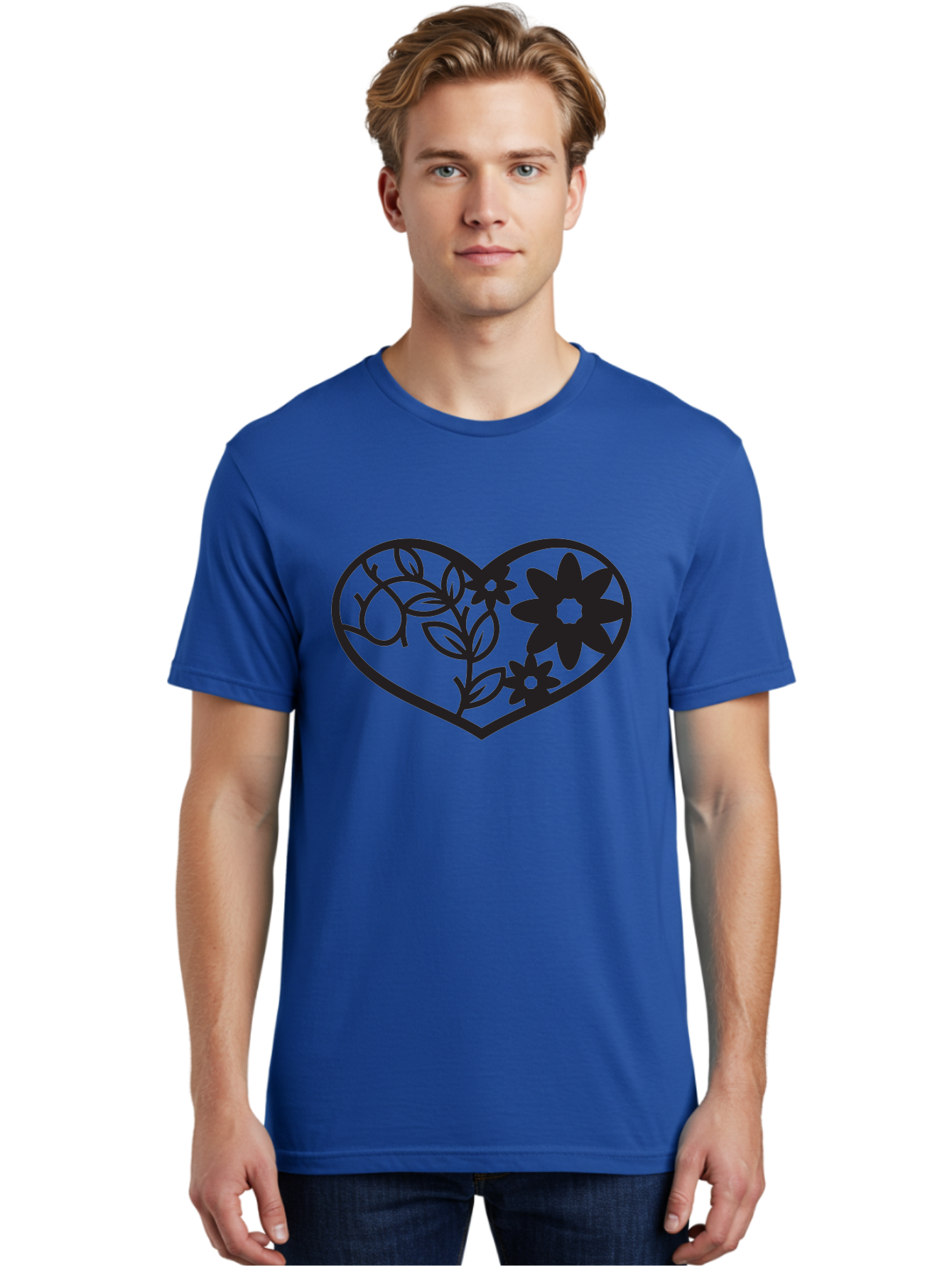Floral-Heart Men'S Graphic Tee, 100% Cotton, Comfortable Casual Summer Wear, Machine Washable, Heart Shape, Floral Design, Flowers, Leaves, Botanical Elements, Love Symbol, Decorative Art, Simple Illustrations, Minimalist Style, Flower Motifs Aab269 26