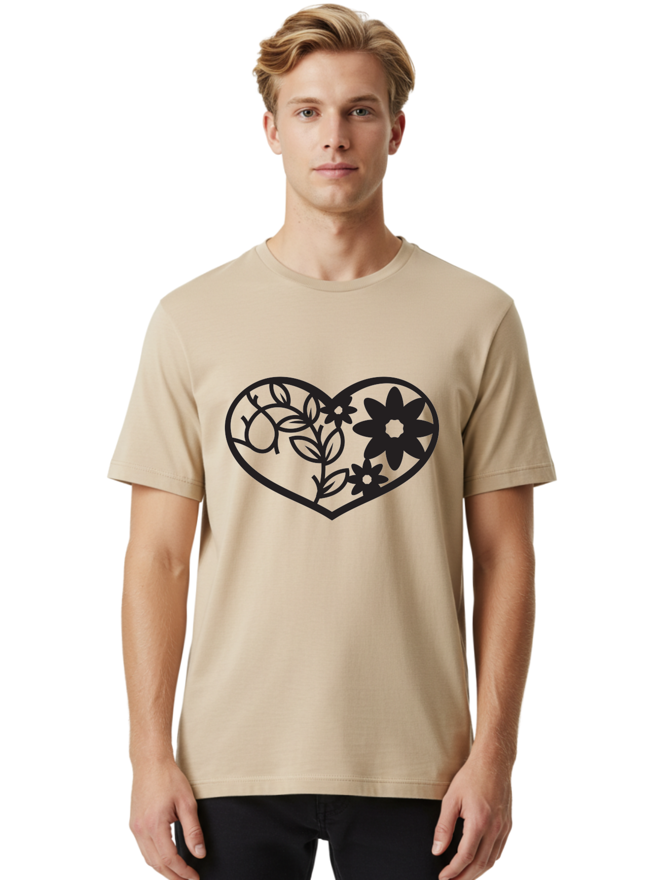 Floral-Heart Men'S Graphic Tee, 100% Cotton, Comfortable Casual Summer Wear, Machine Washable, Heart Shape, Floral Design, Flowers, Leaves, Botanical Elements, Love Symbol, Decorative Art, Simple Illustrations, Minimalist Style, Flower Motifs Aab269 8