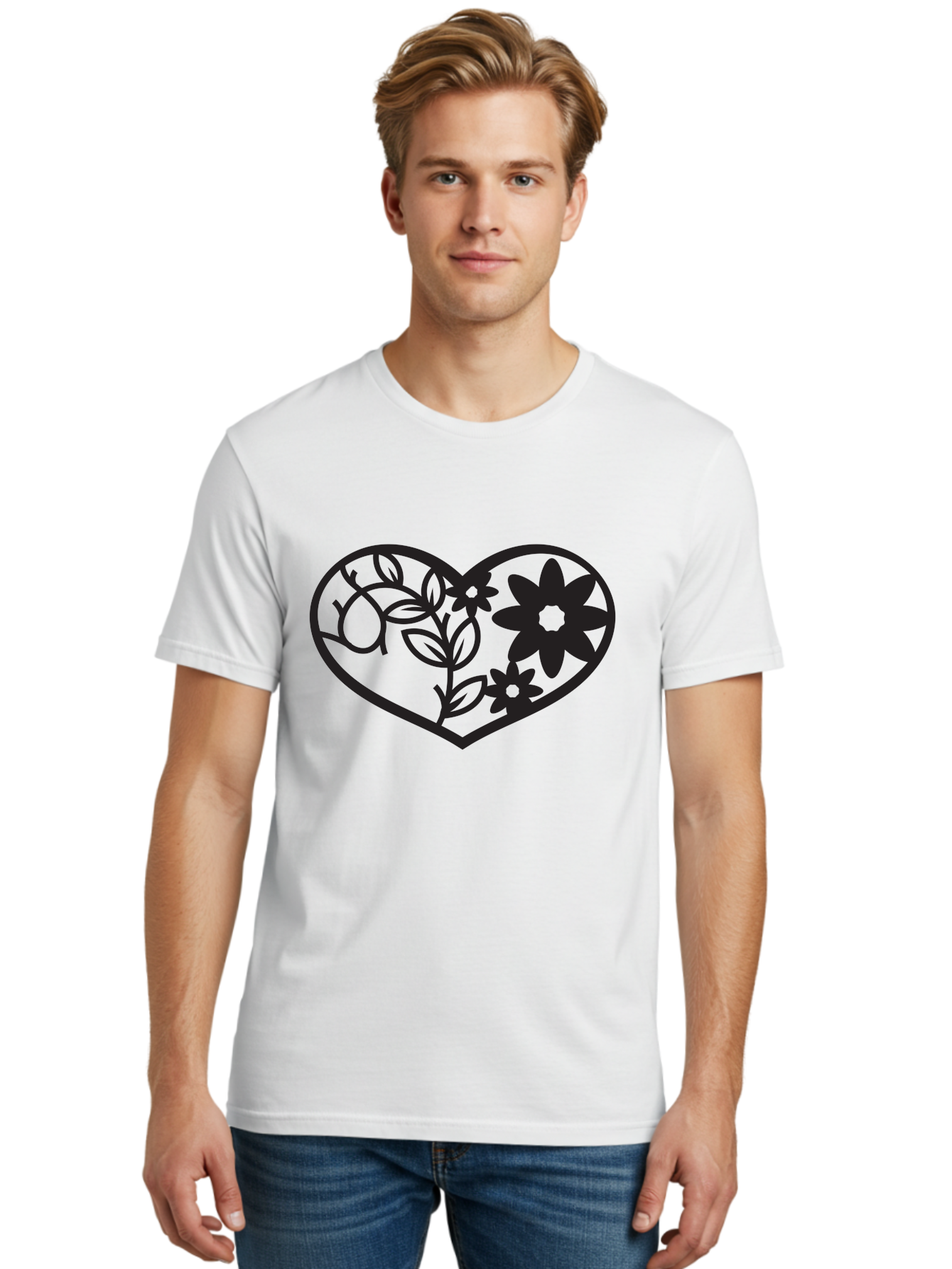Floral-Heart Men'S Graphic Tee, 100% Cotton, Comfortable Casual Summer Wear, Machine Washable, Heart Shape, Floral Design, Flowers, Leaves, Botanical Elements, Love Symbol, Decorative Art, Simple Illustrations, Minimalist Style, Flower Motifs Aab269 16