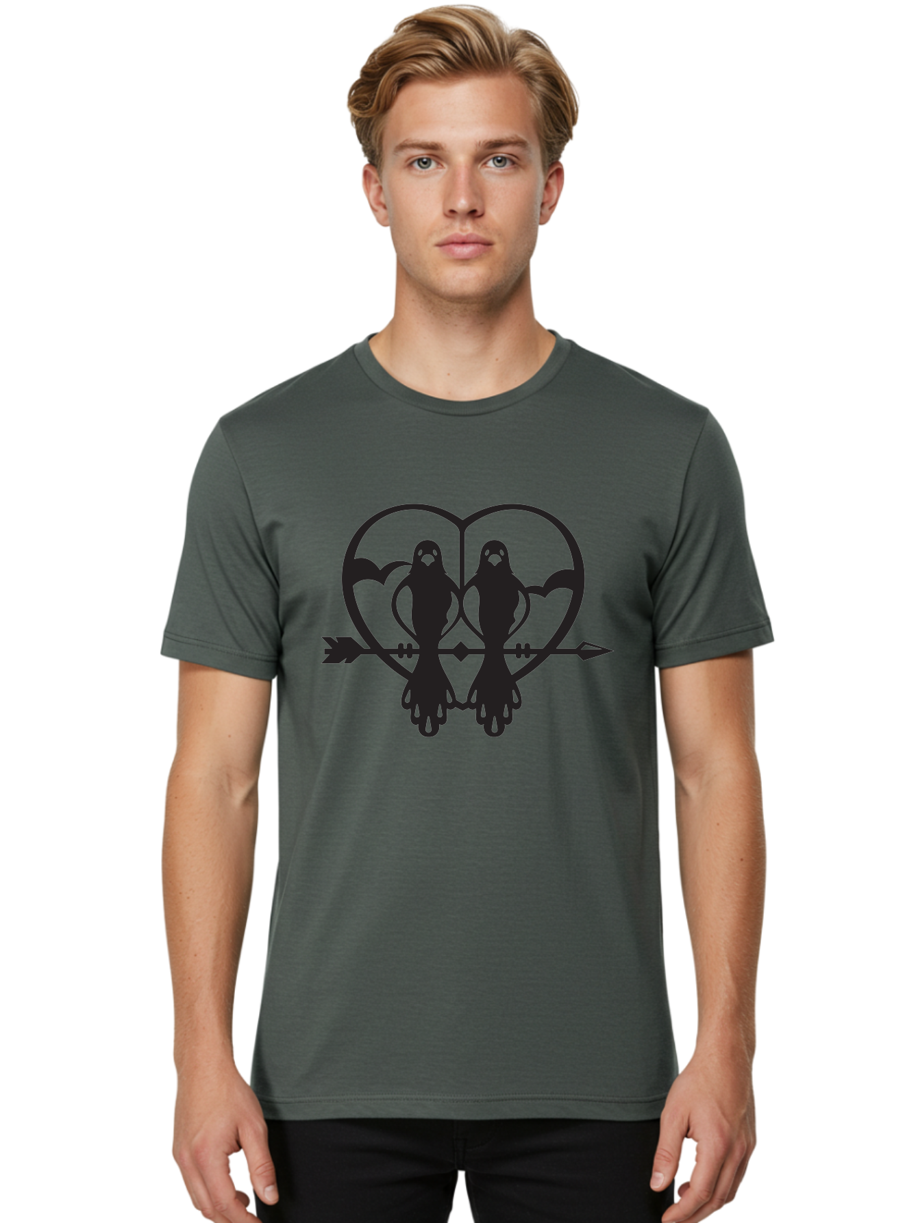 Goth-Couple Men'S Graphic Tee, 100% Cotton, Comfortable Casual Summer Wear, Machine Washable, Ghostly Figures, Heart Shape, Arrow Through Heart, Mirrored Silhouettes, Mystical Imagery, Gothic Romance, Spooky Love, Eerie Atmosphere, Dark Art, Aab270 20