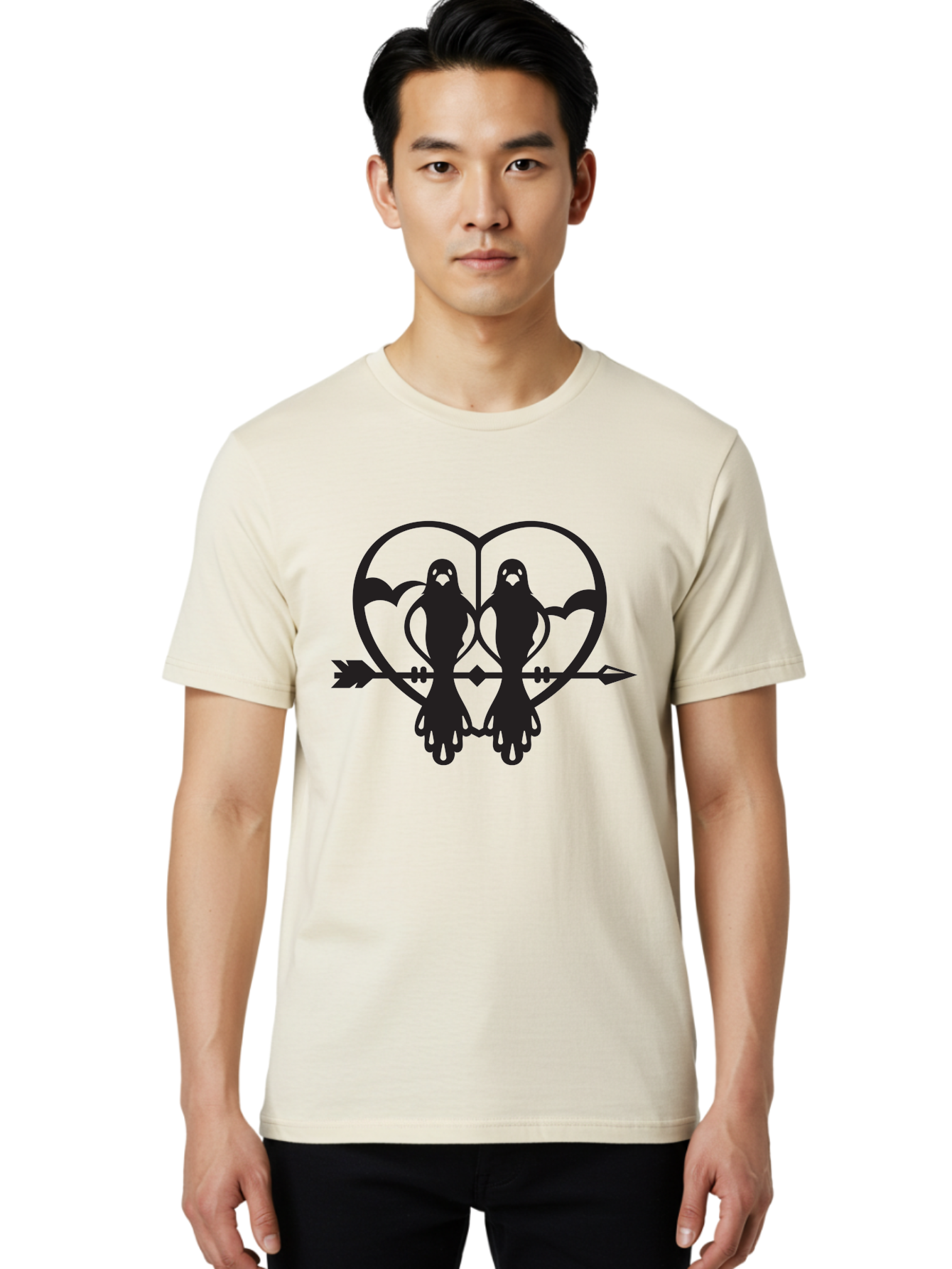 Goth-Couple Men'S Graphic Tee, 100% Cotton, Comfortable Casual Summer Wear, Machine Washable, Ghostly Figures, Heart Shape, Arrow Through Heart, Mirrored Silhouettes, Mystical Imagery, Gothic Romance, Spooky Love, Eerie Atmosphere, Dark Art, Aab270 24