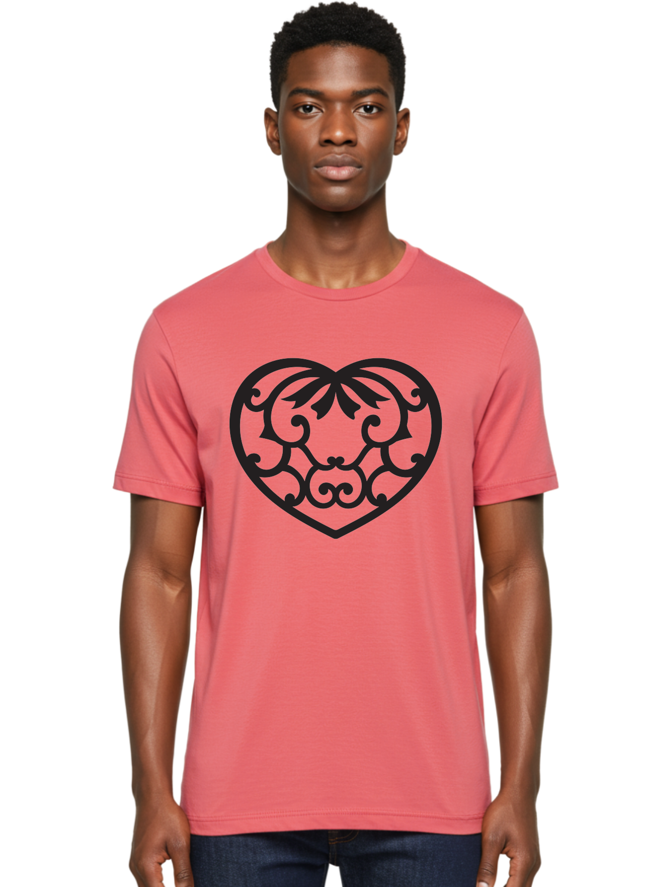 Heart-Filigree Men'S Graphic Tee, 100% Cotton, Comfortable Casual Summer Wear, Machine Washable, Filigree Heart, Floral Pattern, Heart Shape, Black Design, Ornate Details, Elegant Style, Romantic Symbol, Decorative Art Aab275 6