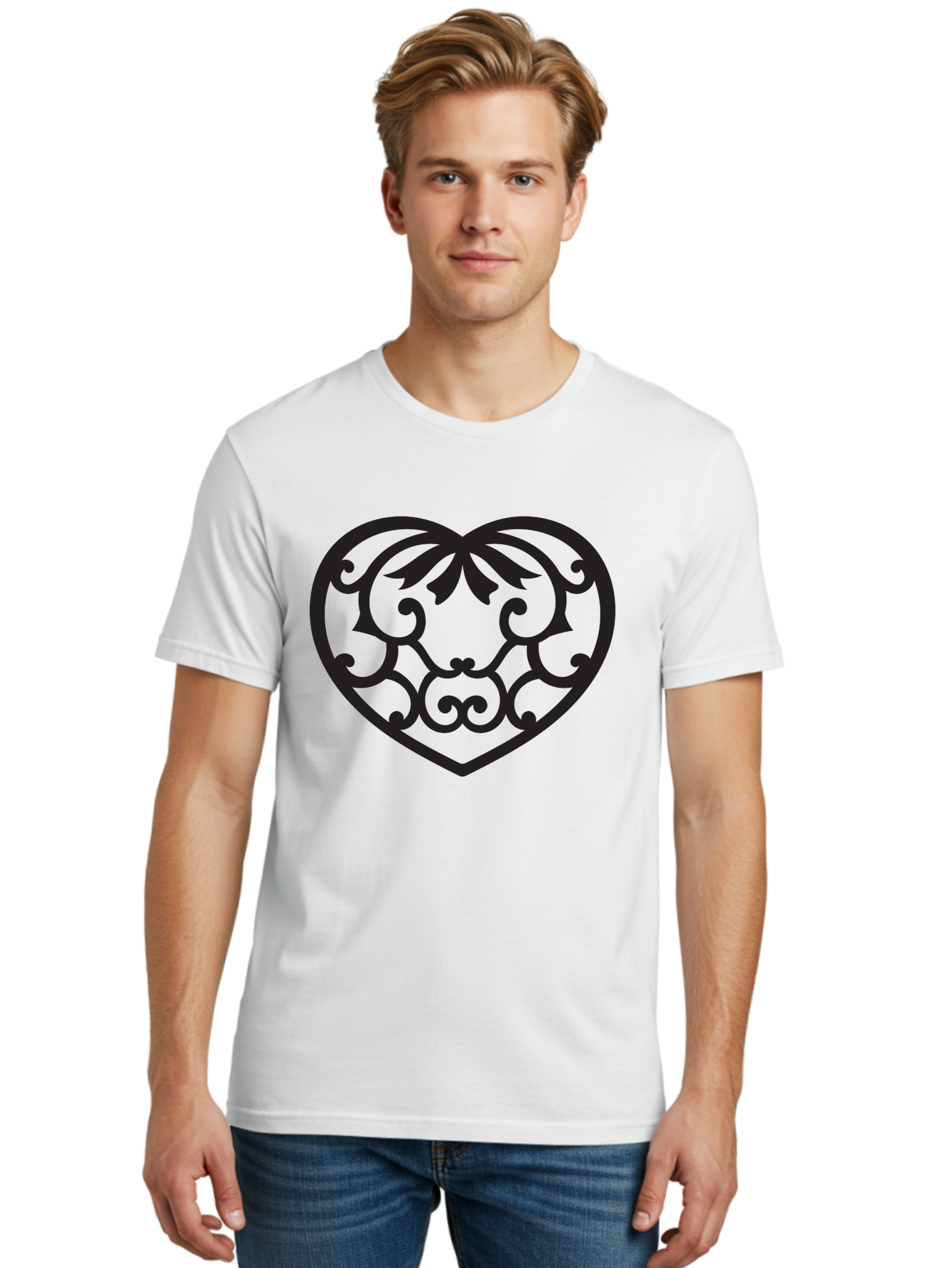 Heart-Filigree Men'S Graphic Tee, 100% Cotton, Comfortable Casual Summer Wear, Machine Washable, Filigree Heart, Floral Pattern, Heart Shape, Black Design, Ornate Details, Elegant Style, Romantic Symbol, Decorative Art Aab275 30