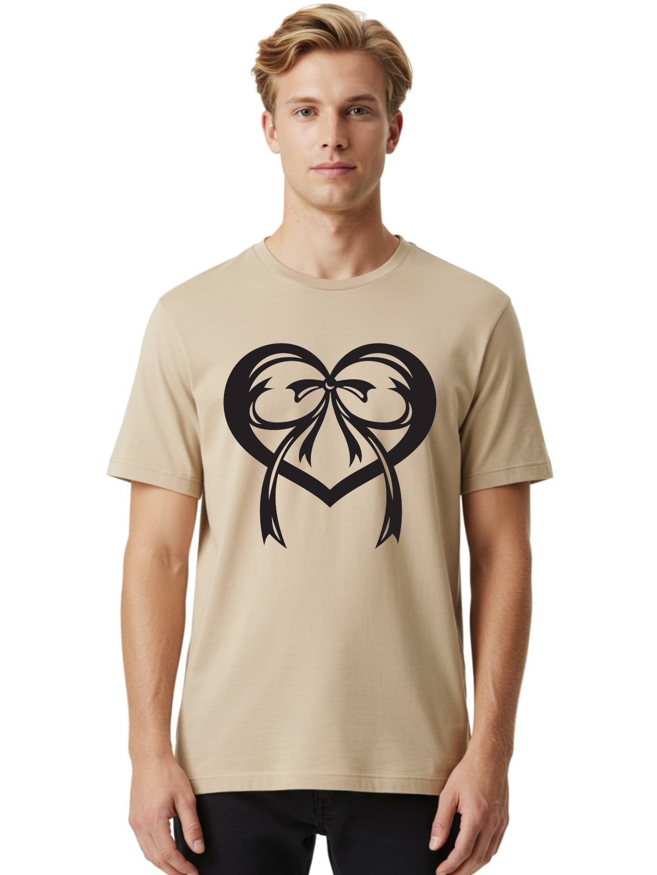 Heart-Graphic Men'S Graphic Tee, 100% Cotton, Comfortable Casual Summer Wear, Machine Washable, Heart Shape, Ribbon Bow, Heart Symbol, Love Sign, Valentine'S Day, Decorative Heart, Black Silhouette, Ribbon Design, Heart Decoration Aab276 8