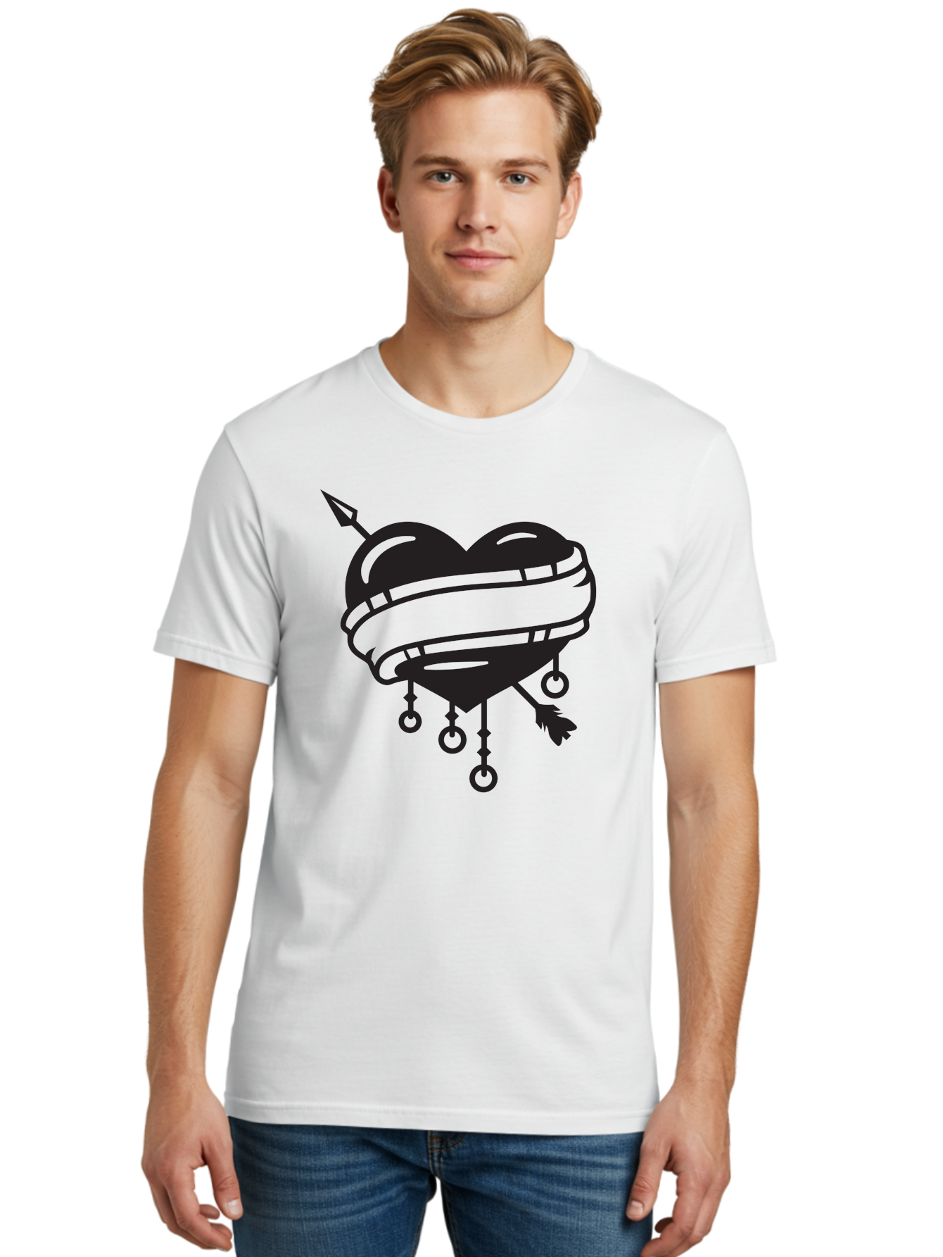 Heart-With-Arrow Men'S Graphic Tee, 100% Cotton, Comfortable Casual Summer Wear, Machine Washable, Heart With Arrow, Bound Heart, Symbolic Heart, Tattoo Art, Heart Design, Symbolic Love, Heart With Bindings Aab277 22