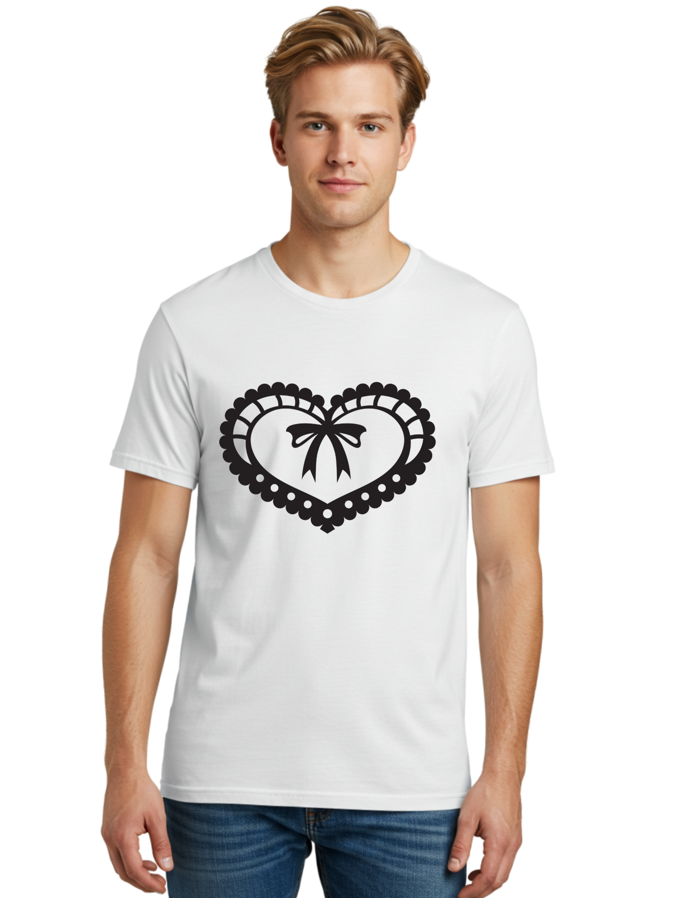 Heart-With-Bow-1 Men'S Graphic Tee, 100% Cotton, Comfortable Casual Summer Wear, Machine Washable, Heart Shape, Decorative Bow, Lace Details, Intricate Design, Love Symbol, Valentines Day, Heart Icon, Cute Graphic Aab278 8