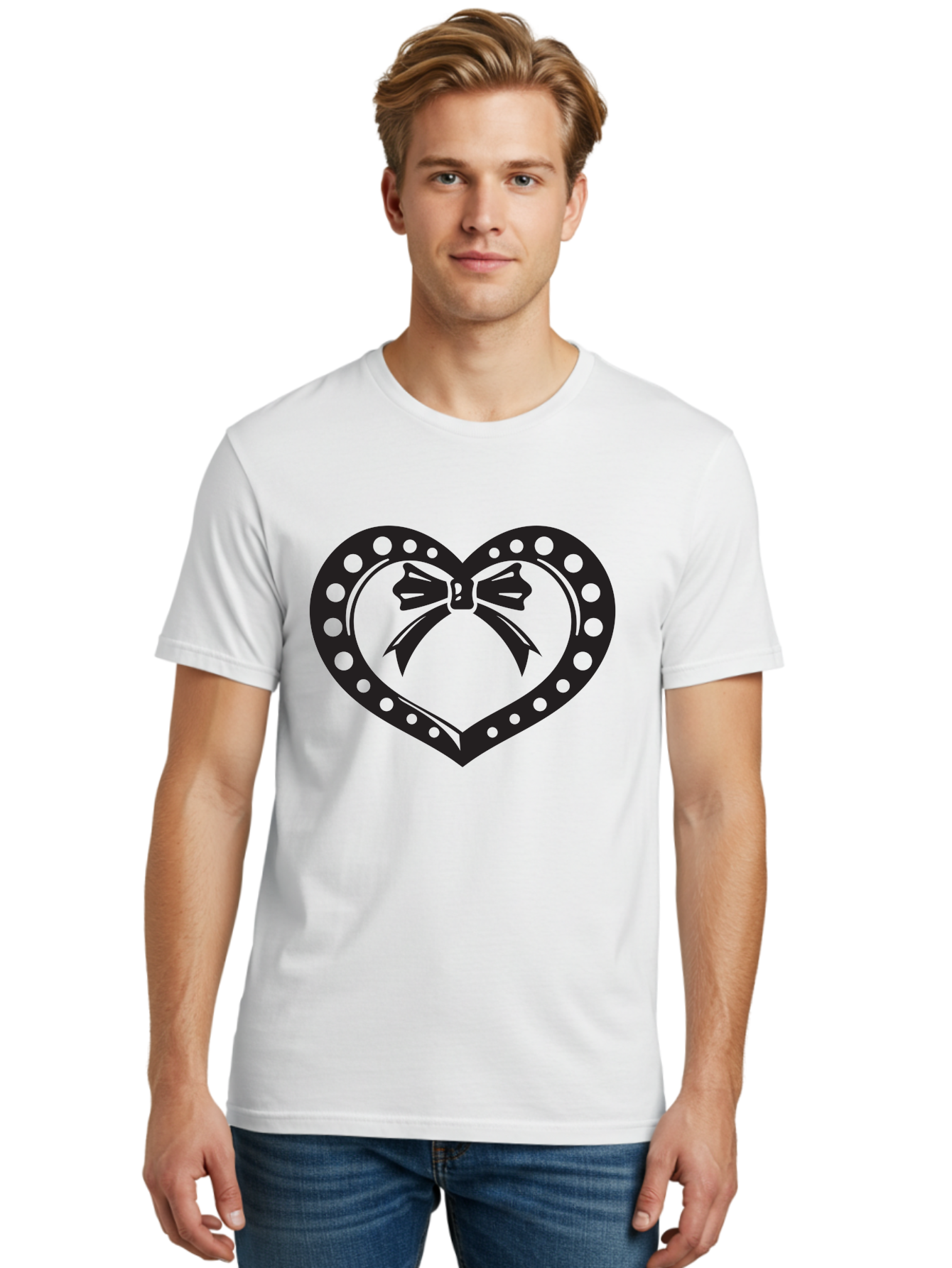 Heart-With-Bow Men'S Graphic Tee, 100% Cotton, Comfortable Casual Summer Wear, Machine Washable, Heart Shape, Bow Design, Polka Dots, Love Symbol, Romantic Gesture, Heartwarming, Cute Design, Heart Icon Aab279 28