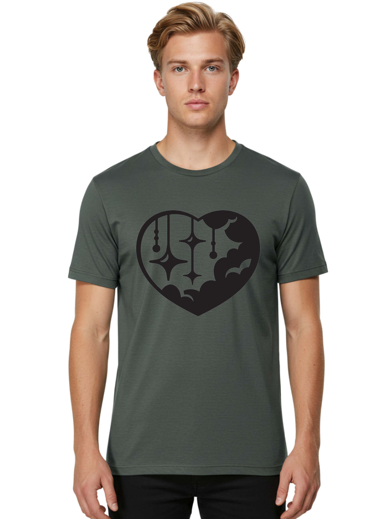 Heart-With-Clouds-And-Stars Men'S Graphic Tee, 100% Cotton, Comfortable Casual Summer Wear, Machine Washable, Heart Shape, Clouds, Stars, Celestial Design, Mystical Patterns, Whimsical Art, Dreamy Silhouettes, Abstract Shapes, Symbolic Heart Aab280 4