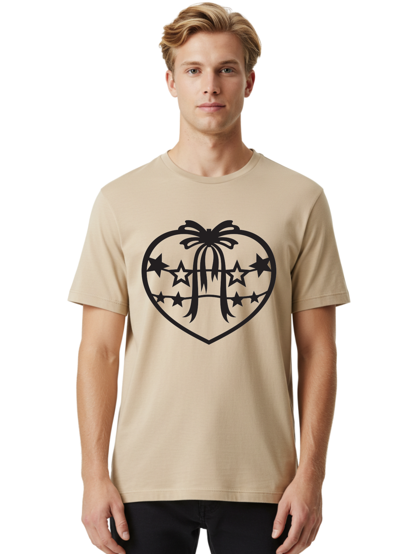 Heart-With-Ribbon-And-Stars Men'S Graphic Tee, 100% Cotton, Comfortable Casual Summer Wear, Machine Washable, Heart Shape, Stars, Ribbon Bow, Love Symbol, Heart Design, Celestial Theme, Starry Night, Heart Graphic, Ribbon, Abstract Art Aab283 6