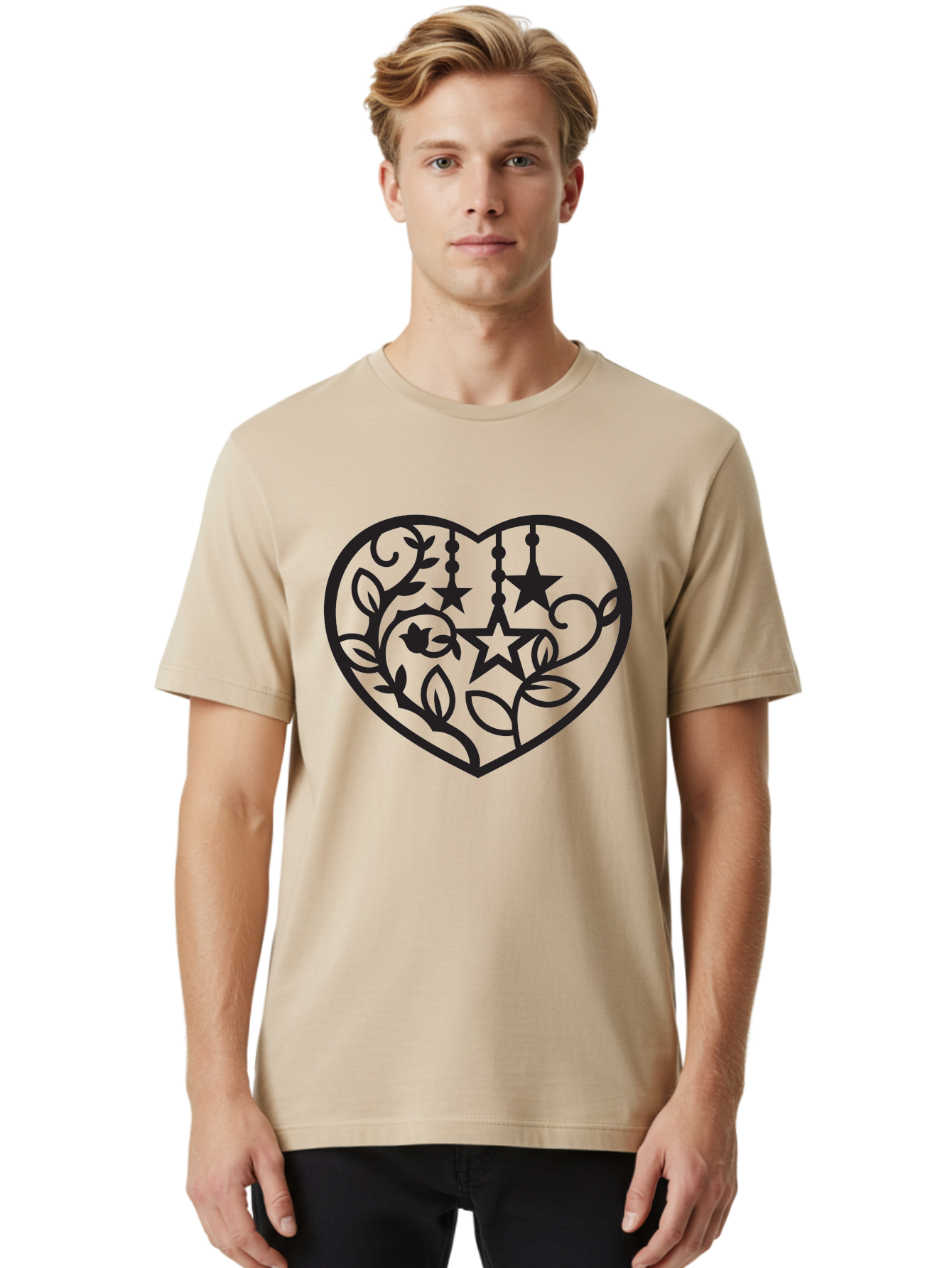 Heart-With-Stars-And-Leaves Men'S Graphic Tee, 100% Cotton, Comfortable Casual Summer Wear, Machine Washable, Heart Shape, Floral Design, Stars, Leaves, Vines, Decorative Elements, Symbolic Heart, Stylized Graphics, Minimalist Art Aab284 28