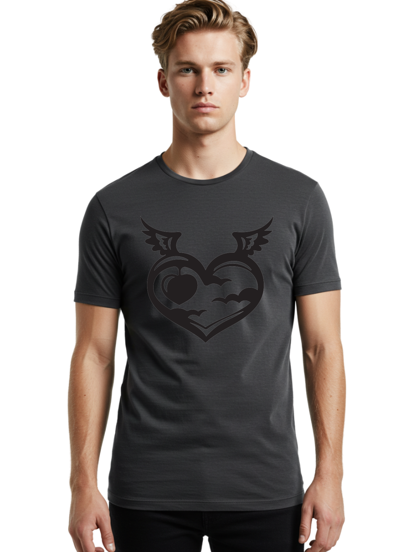 Heart-With-Wings-And-Apple Men'S Graphic Tee, 100% Cotton, Comfortable Casual Summer Wear, Machine Washable, Winged Heart Symbol, Heart With Wings, Apple Inside Heart, Symbolic Artwork, Tattoo Design, Love Icon, Heart Icon, Aab286 2
