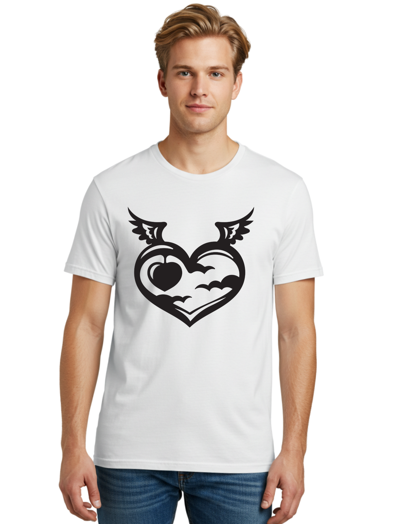 Heart-With-Wings-And-Apple Men'S Graphic Tee, 100% Cotton, Comfortable Casual Summer Wear, Machine Washable, Winged Heart Symbol, Heart With Wings, Apple Inside Heart, Symbolic Artwork, Tattoo Design, Love Icon, Heart Icon, Aab286 16