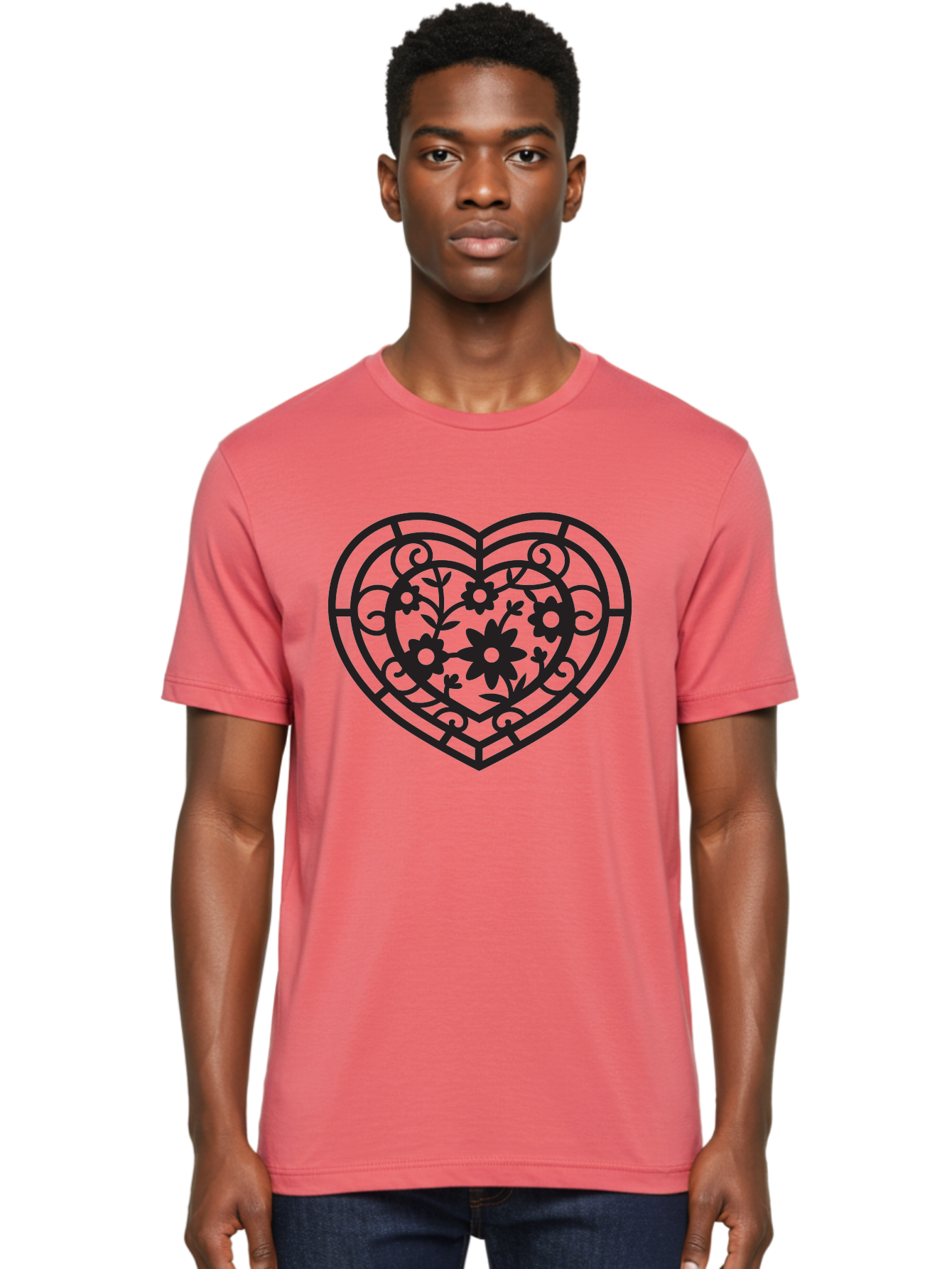 Heart Men'S Graphic Tee, 100% Cotton, Comfortable Casual Summer Wear, Machine Washable, Heart Shape, Floral Patterns, Black Outline, Ornate Details, Vintage Style, Love Symbol, Floral Motifs, Decorative Art Aab288 28