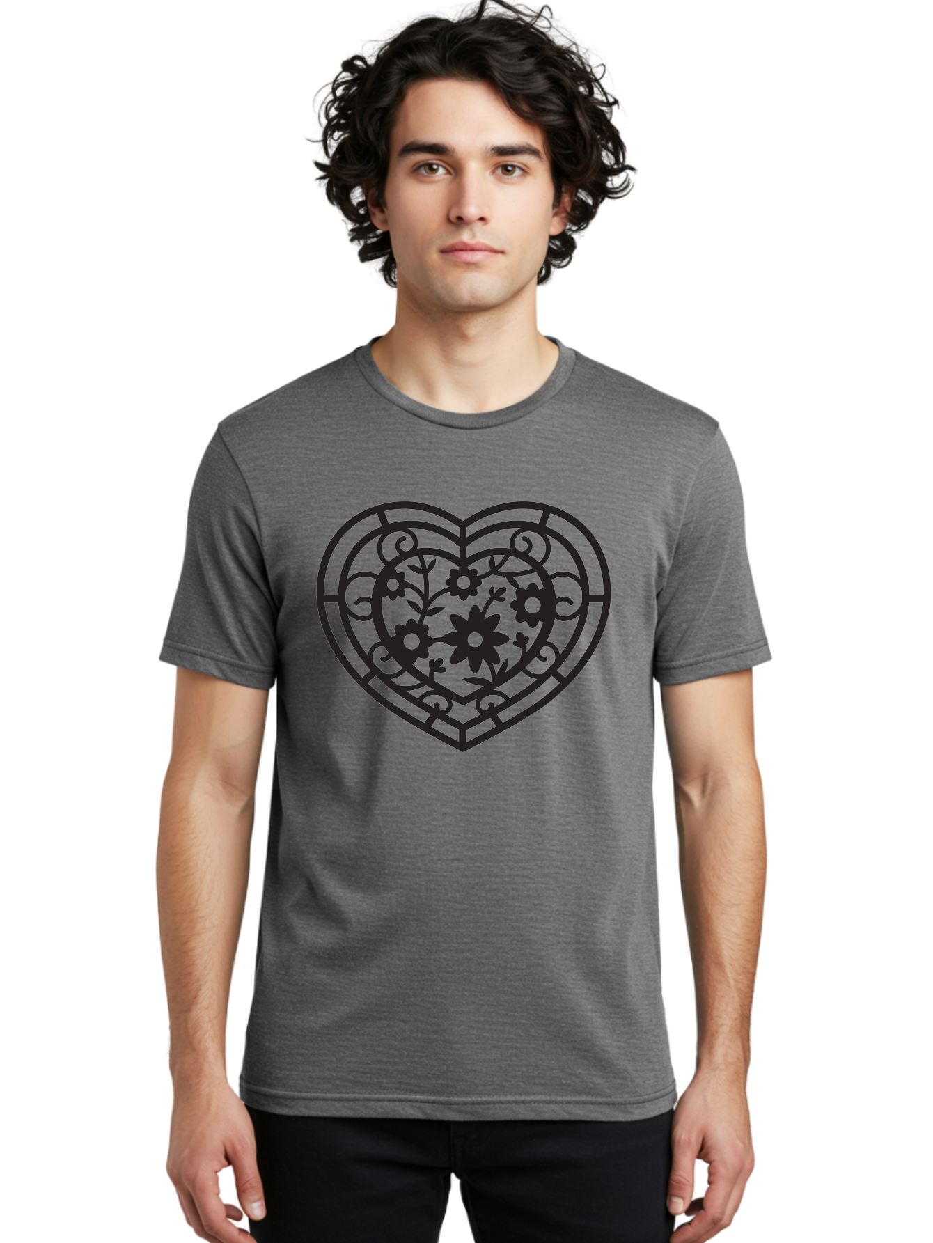 Heart Men'S Graphic Tee, 100% Cotton, Comfortable Casual Summer Wear, Machine Washable, Heart Shape, Floral Patterns, Black Outline, Ornate Details, Vintage Style, Love Symbol, Floral Motifs, Decorative Art Aab288 6