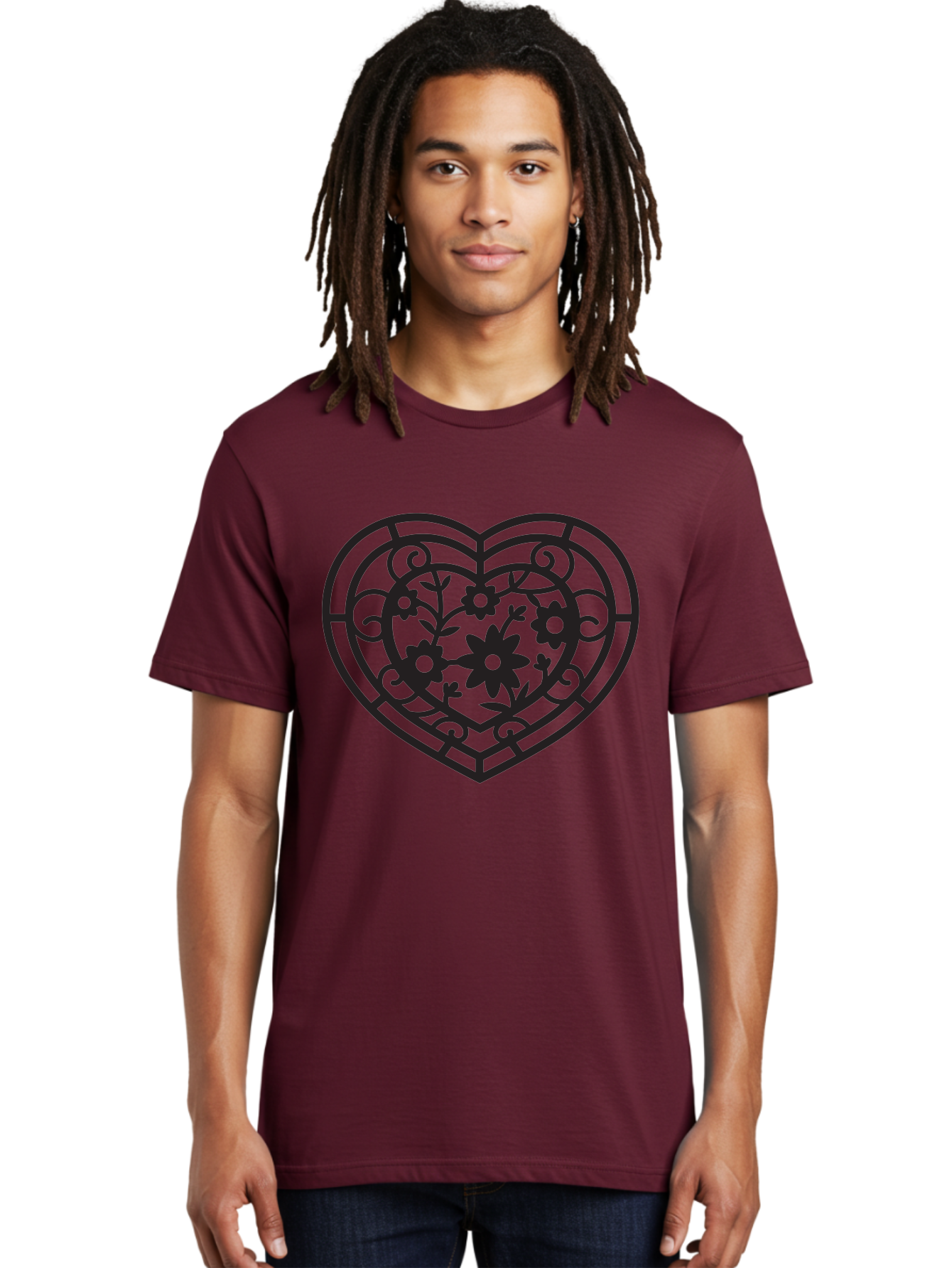 Heart Men'S Graphic Tee, 100% Cotton, Comfortable Casual Summer Wear, Machine Washable, Heart Shape, Floral Patterns, Black Outline, Ornate Details, Vintage Style, Love Symbol, Floral Motifs, Decorative Art Aab288 16