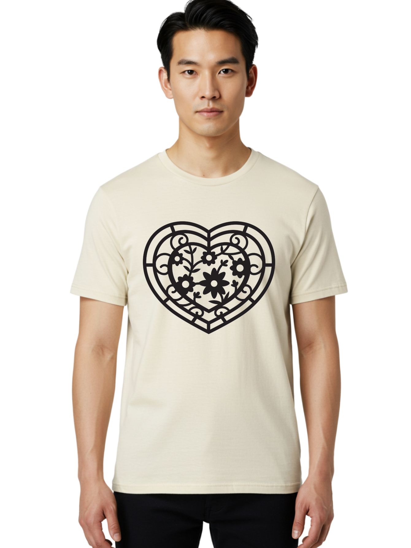 Heart Men'S Graphic Tee, 100% Cotton, Comfortable Casual Summer Wear, Machine Washable, Heart Shape, Floral Patterns, Black Outline, Ornate Details, Vintage Style, Love Symbol, Floral Motifs, Decorative Art Aab288 12