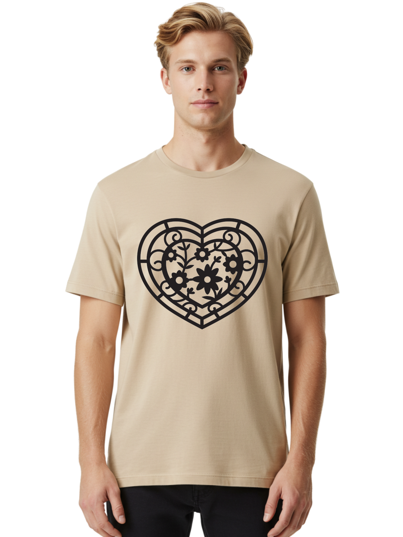 Heart Men'S Graphic Tee, 100% Cotton, Comfortable Casual Summer Wear, Machine Washable, Heart Shape, Floral Patterns, Black Outline, Ornate Details, Vintage Style, Love Symbol, Floral Motifs, Decorative Art Aab288 2