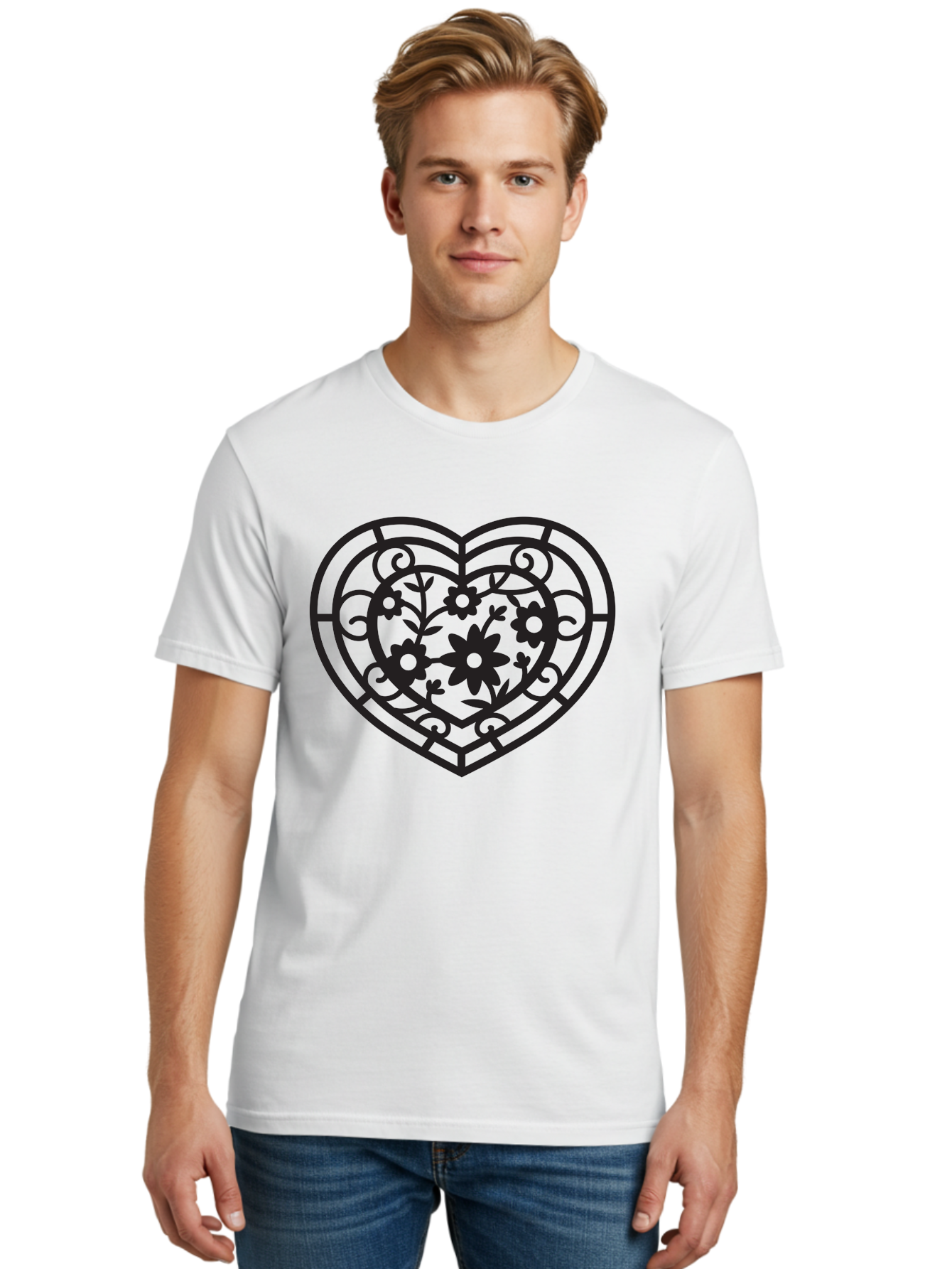 Heart Men'S Graphic Tee, 100% Cotton, Comfortable Casual Summer Wear, Machine Washable, Heart Shape, Floral Patterns, Black Outline, Ornate Details, Vintage Style, Love Symbol, Floral Motifs, Decorative Art Aab288 30