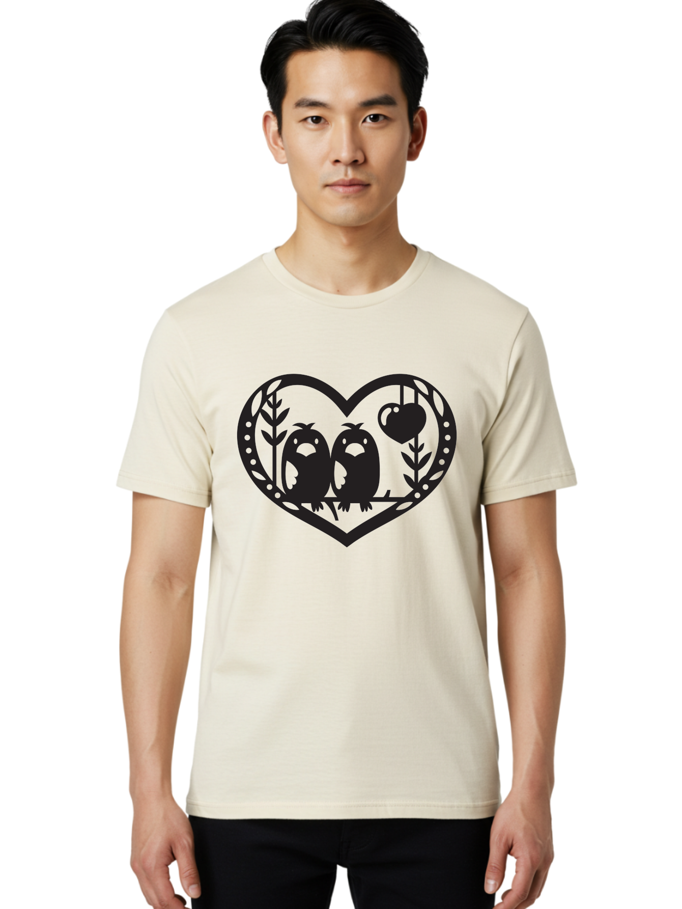 Love-Birds-1 Men'S Graphic Tee, 100% Cotton, Comfortable Casual Summer Wear, Machine Washable, Pair Of Birds Perched On Branch, Heart-Shaped Frame, Love Symbolism, Decorative Design, Minimalist Style, Simple Shapes, Cute Illustration, Aab291 26