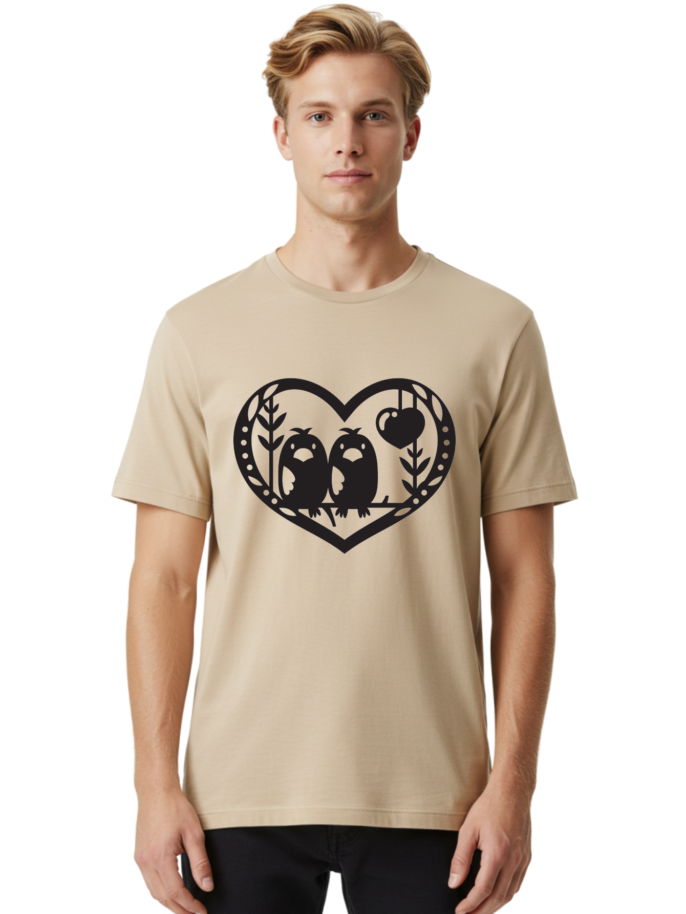 Love-Birds-1 Men'S Graphic Tee, 100% Cotton, Comfortable Casual Summer Wear, Machine Washable, Pair Of Birds Perched On Branch, Heart-Shaped Frame, Love Symbolism, Decorative Design, Minimalist Style, Simple Shapes, Cute Illustration, Aab291 22