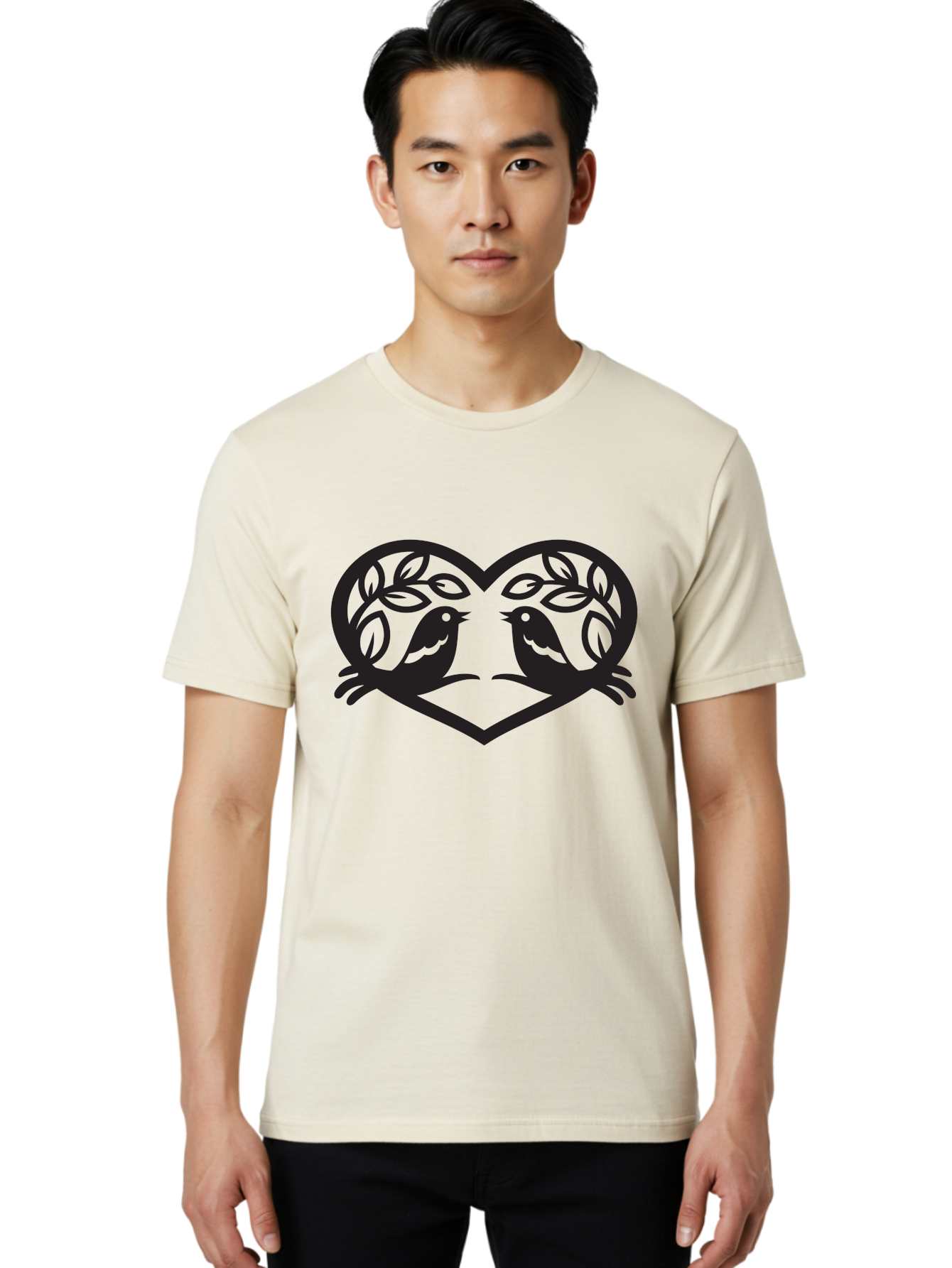 Love-Birds-Heart Men'S Graphic Tee, 100% Cotton, Comfortable Casual Summer Wear, Machine Washable, Love Birds, Heart Shape, Leafy Branches, Couple Birds, Tender Moment, Symbol Of Love, Peaceful Scene, Nature-Inspired Art Aab292 26