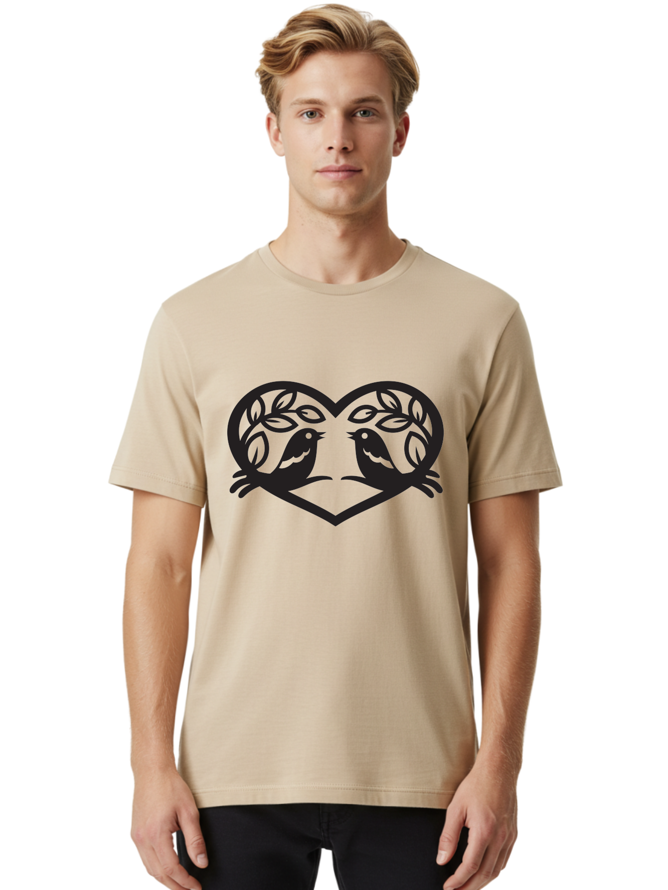Love-Birds-Heart Men'S Graphic Tee, 100% Cotton, Comfortable Casual Summer Wear, Machine Washable, Love Birds, Heart Shape, Leafy Branches, Couple Birds, Tender Moment, Symbol Of Love, Peaceful Scene, Nature-Inspired Art Aab292 18