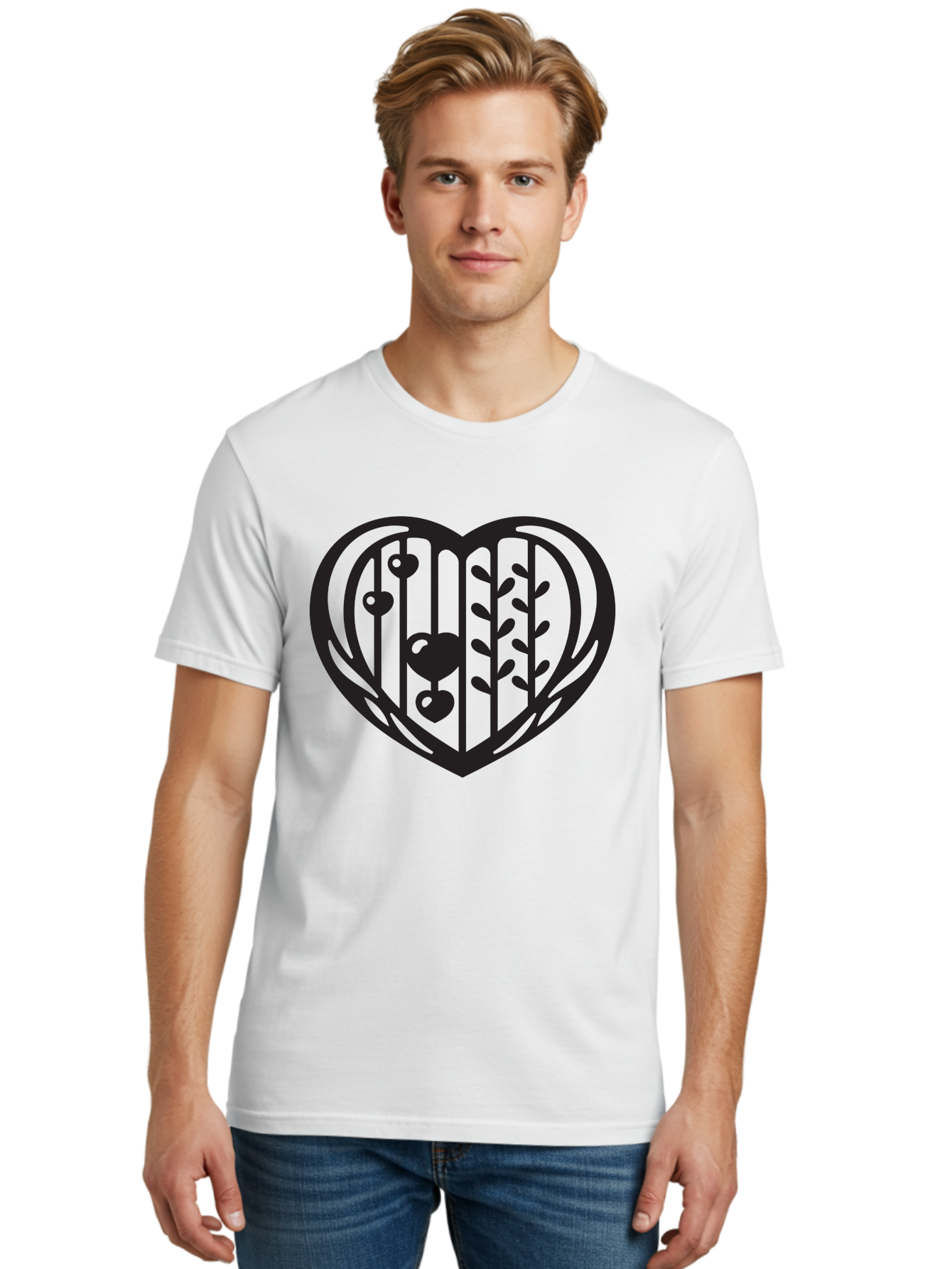Mobile-Cage-Heart Men'S Graphic Tee, 100% Cotton, Comfortable Casual Summer Wear, Machine Washable, Heart-Shaped Cage, Bird Trapped, Love Symbol, Restricted Freedom, Emotional Confinement, Symbol Of Love, Heart, Birdcage Aab295 4