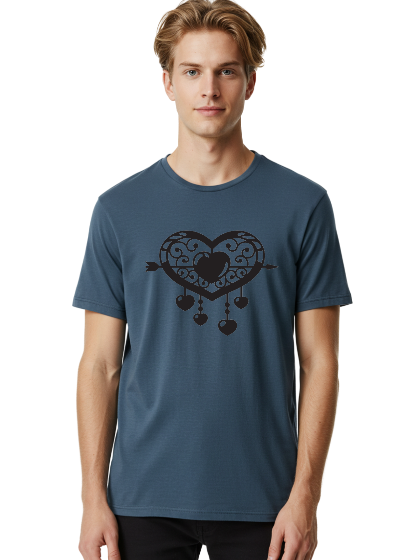 Pierced-Ornate-Heart Men'S Graphic Tee, 100% Cotton, Comfortable Casual Summer Wear, Machine Washable, Heart Pierced By Arrow, Ornate Heart Design, Dangling Hearts, Symbolic Love, Valentines Day Theme, Decorative Hearts, Romantic Gesture, Aab297 24