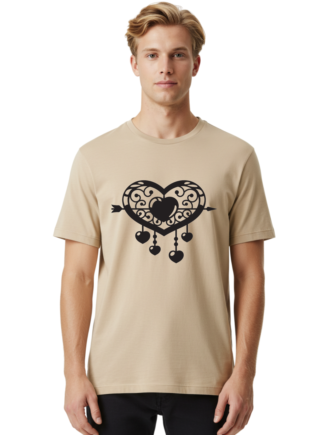 Pierced-Ornate-Heart Men'S Graphic Tee, 100% Cotton, Comfortable Casual Summer Wear, Machine Washable, Heart Pierced By Arrow, Ornate Heart Design, Dangling Hearts, Symbolic Love, Valentines Day Theme, Decorative Hearts, Romantic Gesture, Aab297 30