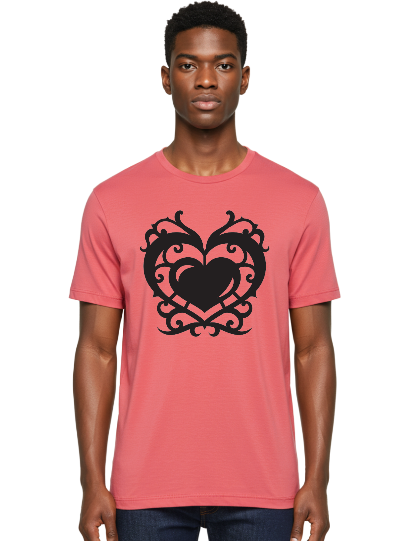 Tribal-Heart Men'S Graphic Tee, 100% Cotton, Comfortable Casual Summer Wear, Machine Washable, Heart Symbol, Decorative Heart, Gothic Design, Intricate Patterns, Filigree Art, Symbolic Love, Ornate Details, Heart Shape, Elegant Design, Aab300 26