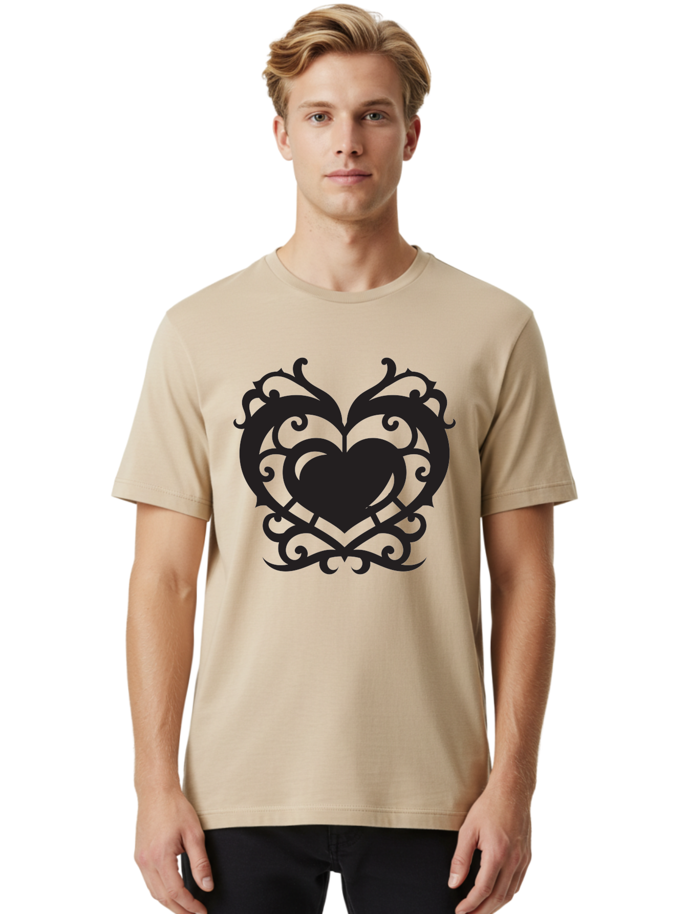 Tribal-Heart Men'S Graphic Tee, 100% Cotton, Comfortable Casual Summer Wear, Machine Washable, Heart Symbol, Decorative Heart, Gothic Design, Intricate Patterns, Filigree Art, Symbolic Love, Ornate Details, Heart Shape, Elegant Design, Aab300 12
