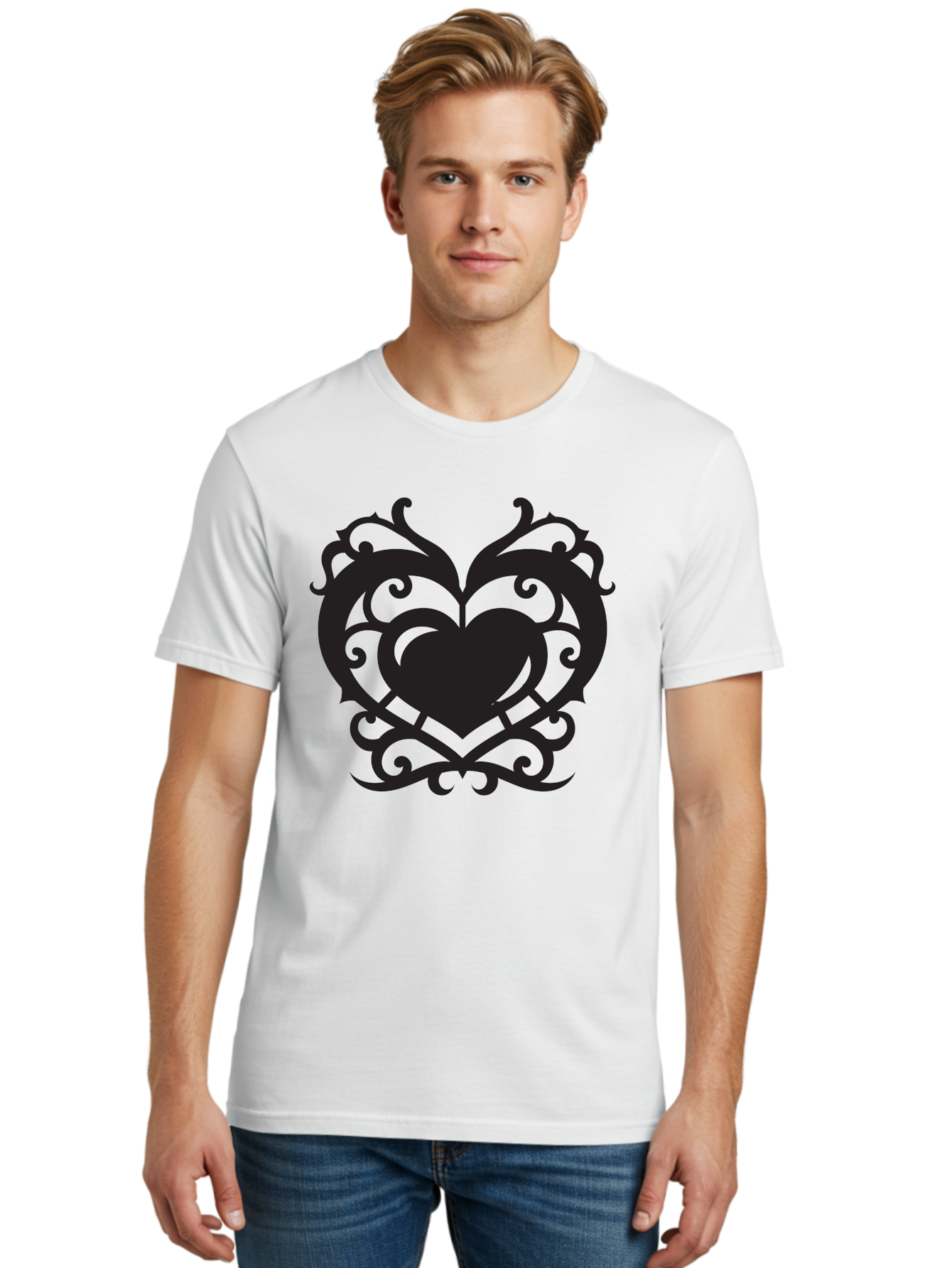 Tribal-Heart Men'S Graphic Tee, 100% Cotton, Comfortable Casual Summer Wear, Machine Washable, Heart Symbol, Decorative Heart, Gothic Design, Intricate Patterns, Filigree Art, Symbolic Love, Ornate Details, Heart Shape, Elegant Design, Aab300 2