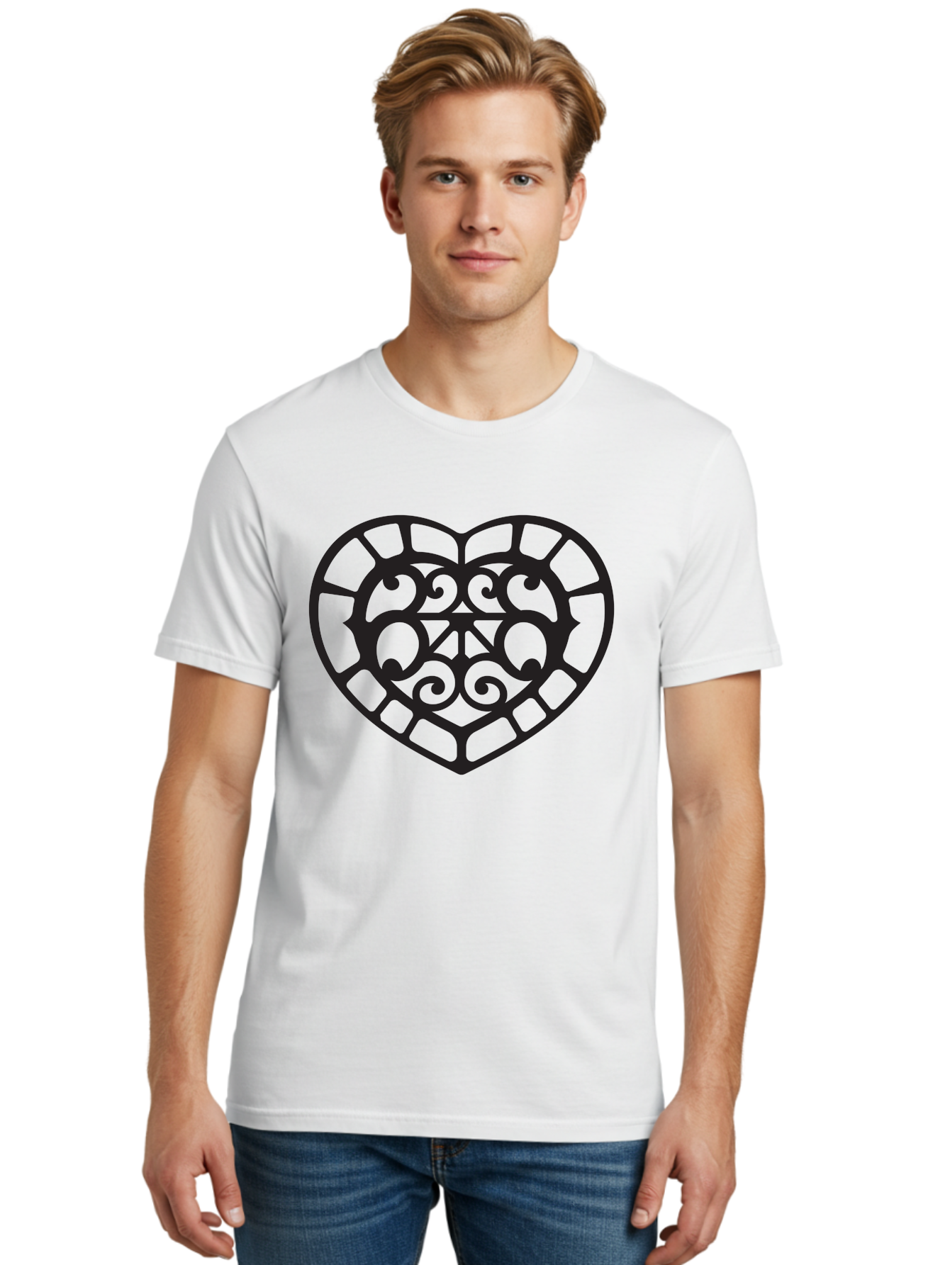 Tricolor-Heart Men'S Graphic Tee, 100% Cotton, Comfortable Casual Summer Wear, Machine Washable, Stained Glass Heart, Decorative Heart, Intricate Design, Swirling Patterns, Heart Shape, Love Symbol, Ornate Details, Glass Art, Heart Icon Aab301 8