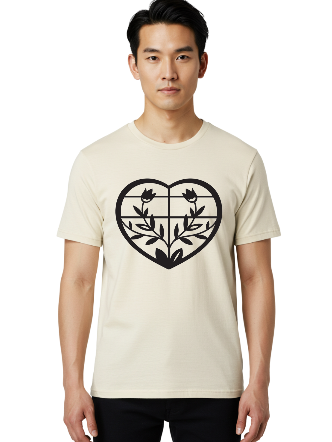 Tulips-Heart Men'S Graphic Tee, 100% Cotton, Comfortable Casual Summer Wear, Machine Washable, Heart Shape, Tulip Flowers, Leafy Stems, Floral Design, Love Symbol, Minimalist Art, Simple Graphics, Grid Pattern, Black Silhouette Aab302 22