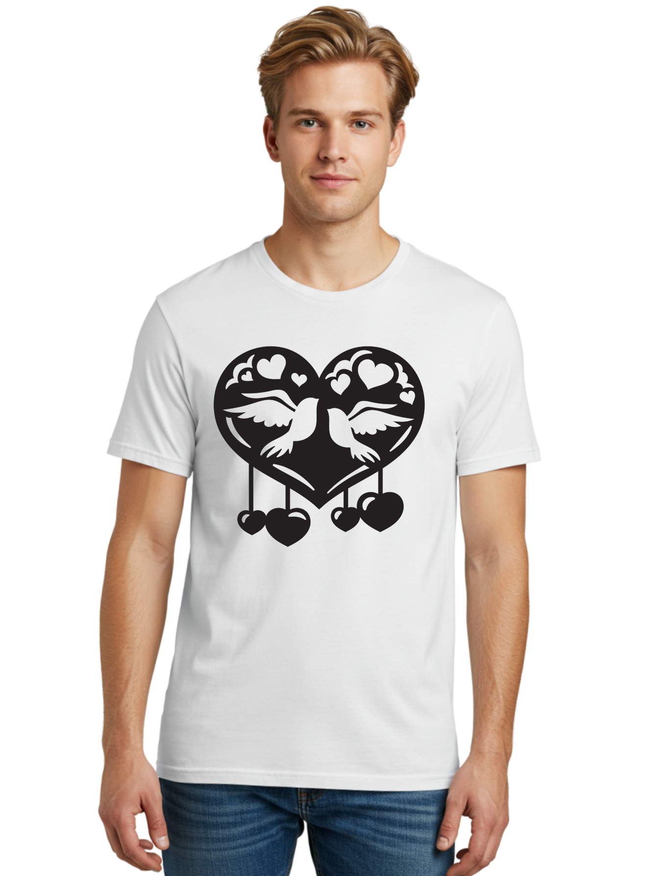 Two-Birds-Heart Men'S Graphic Tee, 100% Cotton, Comfortable Casual Summer Wear, Machine Washable, Love Birds, Couple Love, Heart Shape, Birds Flying, Hearts Hanging, Love Symbol, Valentines Day, Heart Decorations, Symbolic Love, Aab303 8