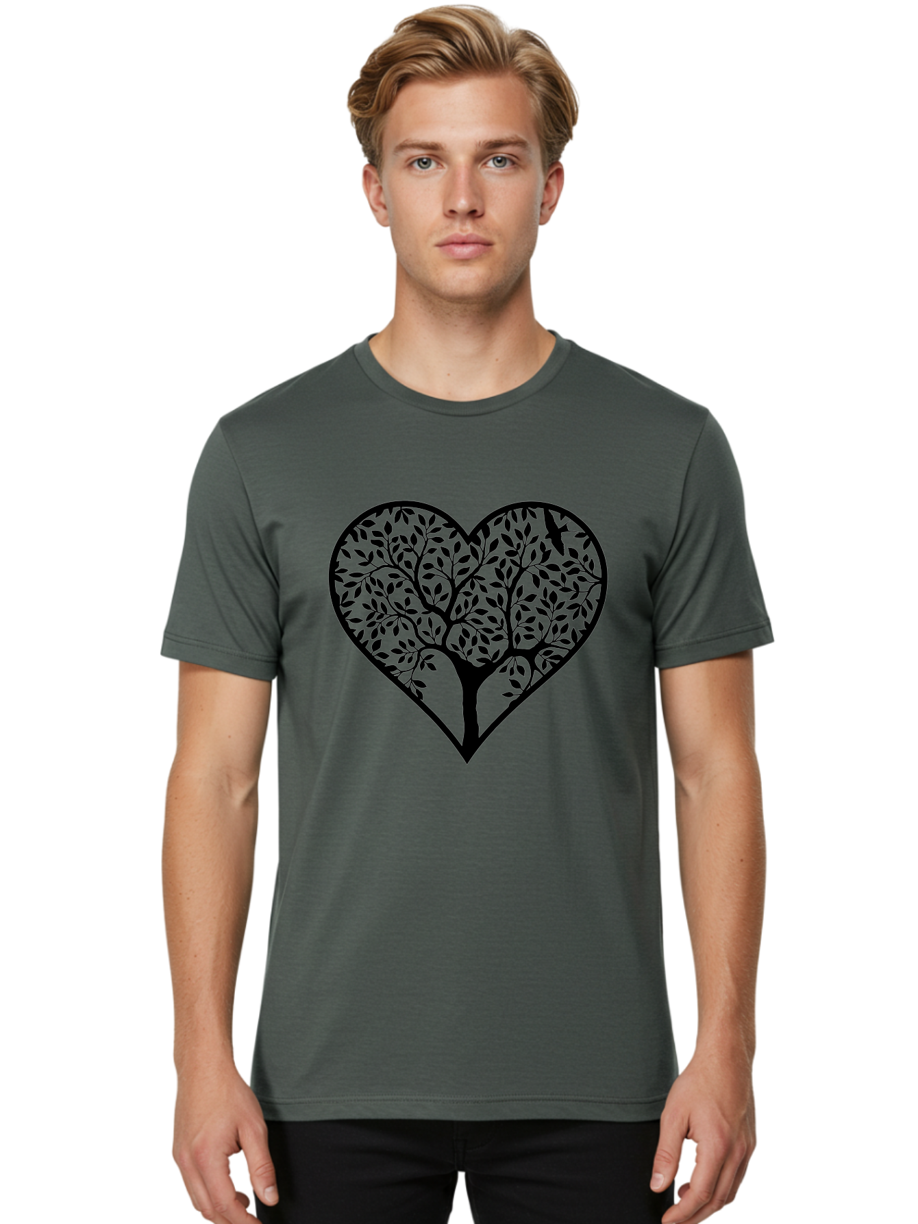Tree-Of-Life-Heart-1 Men'S Graphic Tee, 100% Cotton, Comfortable Casual Summer Wear, Machine Washable, Tree In Heart Shape, Symbolic Representation, Love For Nature, Eco-Friendly, Black Silhouette Design, Leafy Branches, Valentines Day Theme, Aab306 18