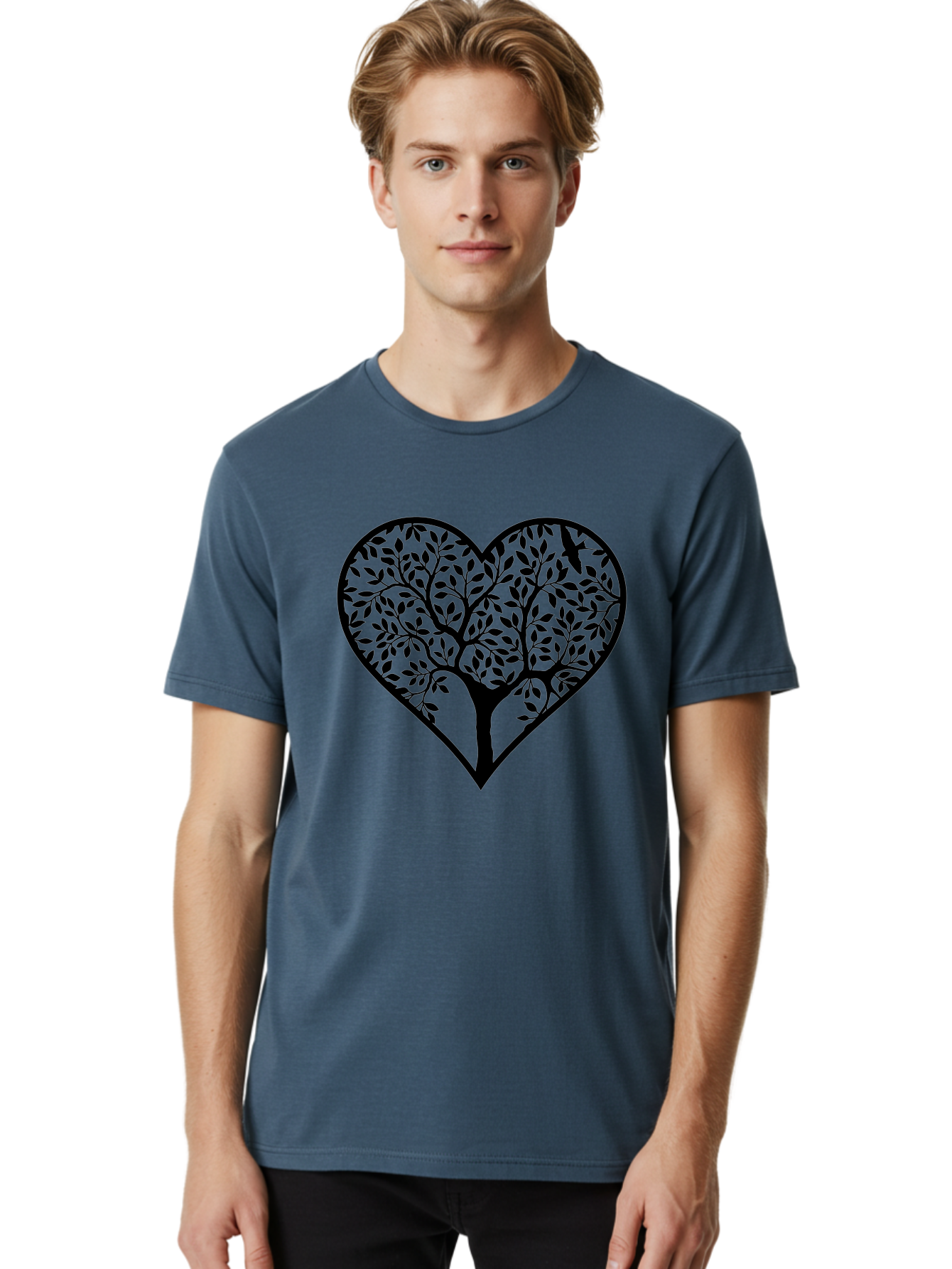 Tree-Of-Life-Heart-1 Men'S Graphic Tee, 100% Cotton, Comfortable Casual Summer Wear, Machine Washable, Tree In Heart Shape, Symbolic Representation, Love For Nature, Eco-Friendly, Black Silhouette Design, Leafy Branches, Valentines Day Theme, Aab306 16
