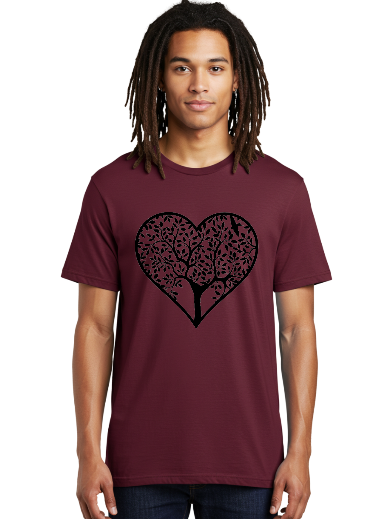 Tree-Of-Life-Heart-1 Men'S Graphic Tee, 100% Cotton, Comfortable Casual Summer Wear, Machine Washable, Tree In Heart Shape, Symbolic Representation, Love For Nature, Eco-Friendly, Black Silhouette Design, Leafy Branches, Valentines Day Theme, Aab306 24