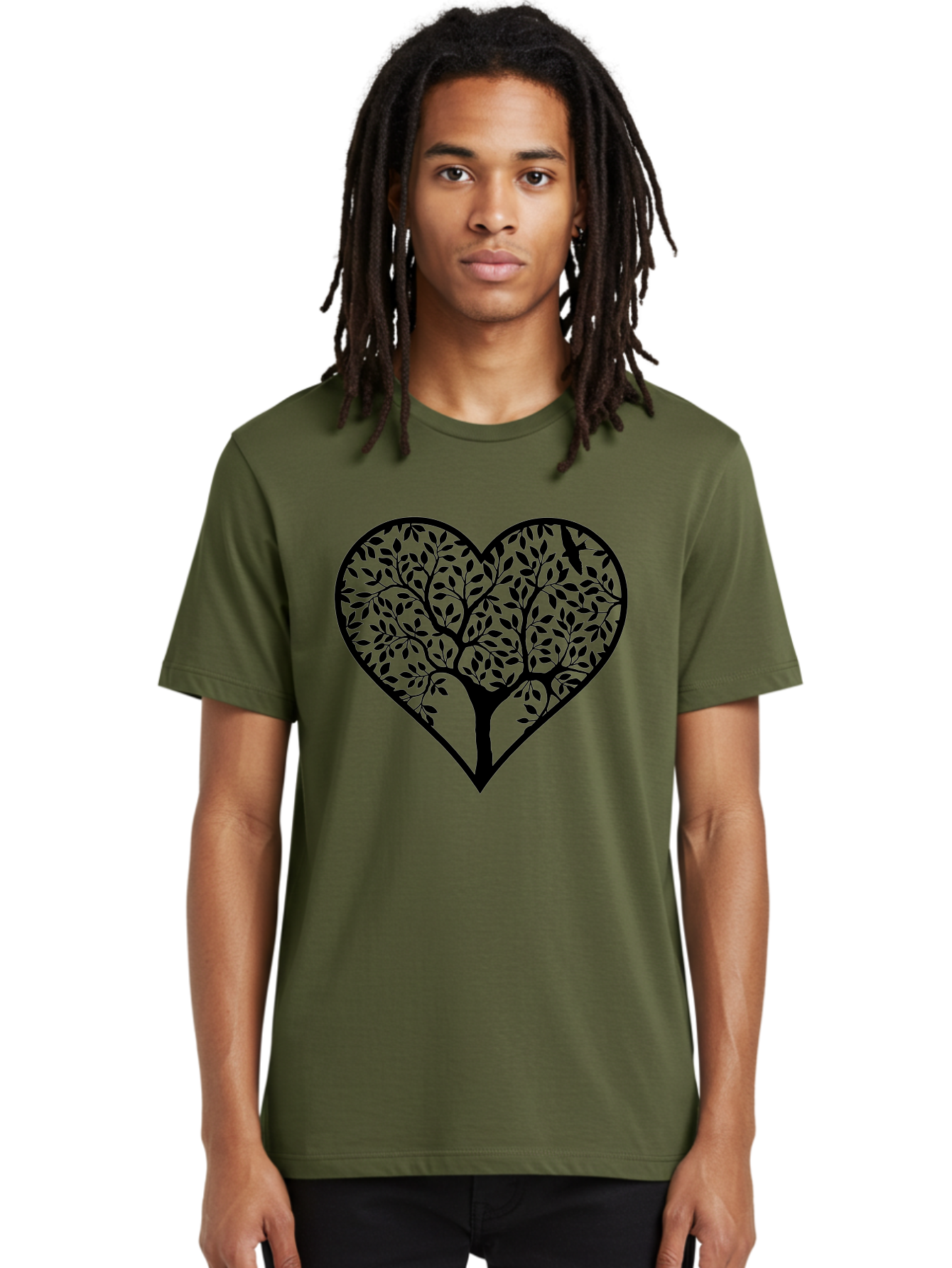 Tree-Of-Life-Heart-1 Men'S Graphic Tee, 100% Cotton, Comfortable Casual Summer Wear, Machine Washable, Tree In Heart Shape, Symbolic Representation, Love For Nature, Eco-Friendly, Black Silhouette Design, Leafy Branches, Valentines Day Theme, Aab306 26