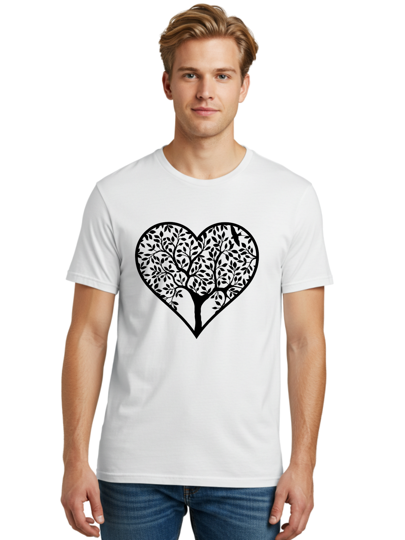 Tree-Of-Life-Heart-1 Men'S Graphic Tee, 100% Cotton, Comfortable Casual Summer Wear, Machine Washable, Tree In Heart Shape, Symbolic Representation, Love For Nature, Eco-Friendly, Black Silhouette Design, Leafy Branches, Valentines Day Theme, Aab306 10