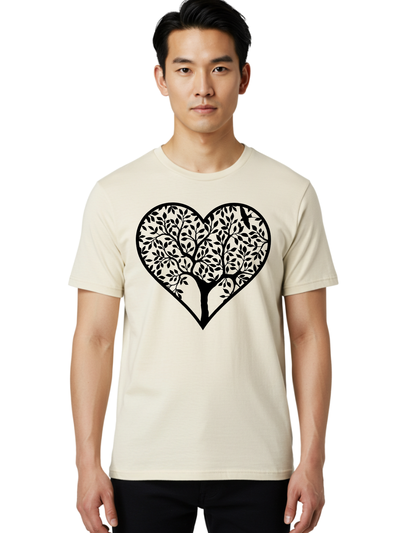 Tree-Of-Life-Heart-2 Men'S Graphic Tee, 100% Cotton, Comfortable Casual Summer Wear, Machine Washable, Tree Of Life, Heart Shape, Black Silhouette, Leaves, Branches, Love Symbol, Nature-Inspired Design, Eco-Friendly, Symbolic Art, Aab307 22