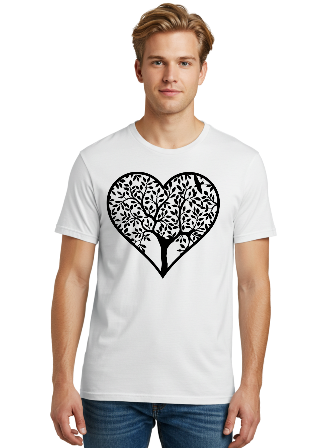 Tree-Of-Life-Heart-2 Men'S Graphic Tee, 100% Cotton, Comfortable Casual Summer Wear, Machine Washable, Tree Of Life, Heart Shape, Black Silhouette, Leaves, Branches, Love Symbol, Nature-Inspired Design, Eco-Friendly, Symbolic Art, Aab307 18