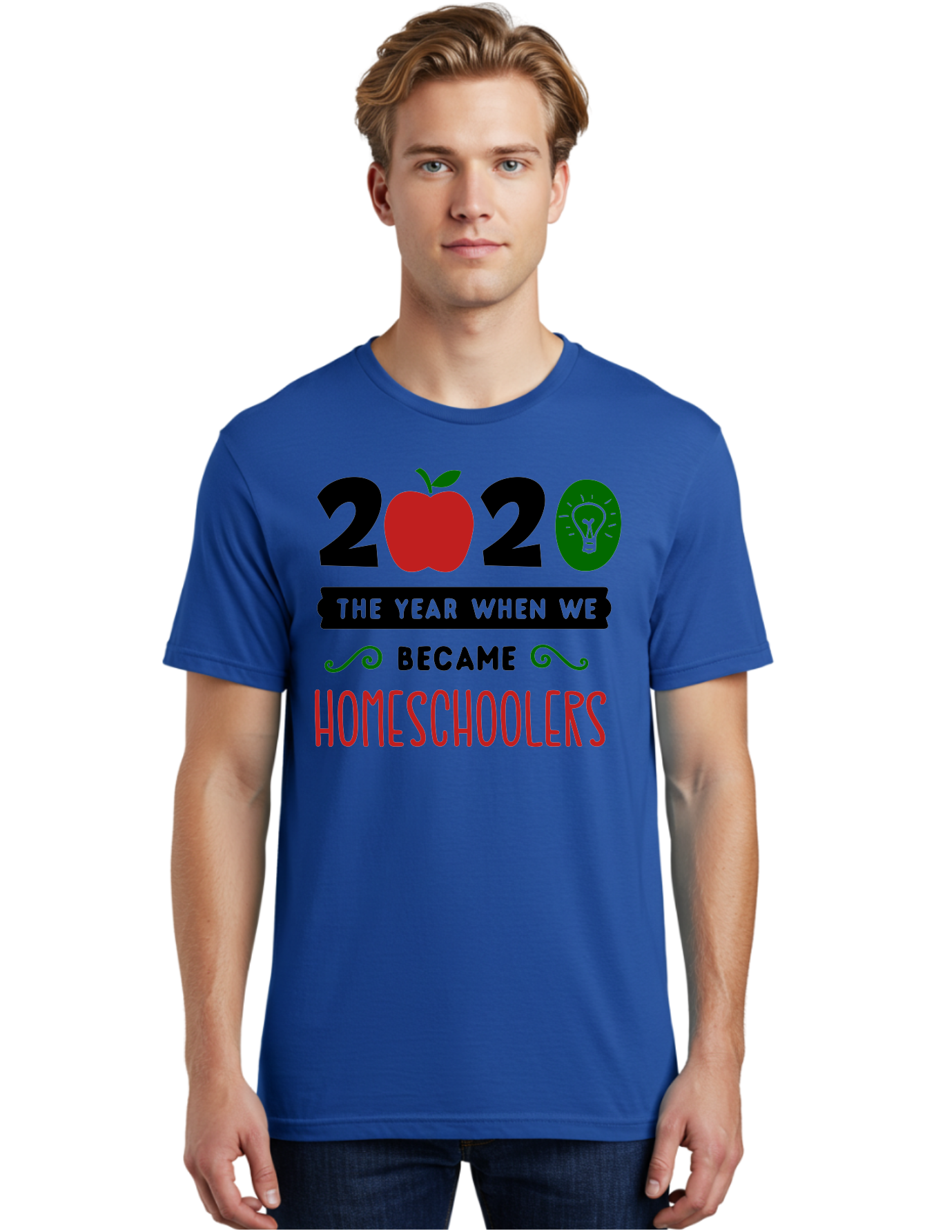 2020-The-Year-When-We-Became-Homeschoolers-3 Men'S Graphic Tee, 100% Cotton, Comfortable Casual Summer Wear, Machine Washable, Homeschooling, Homeschoolers, 2020, Apple, Light Bulb, Year Of Change, Educational Shift, Learning At Home, Aab311 4
