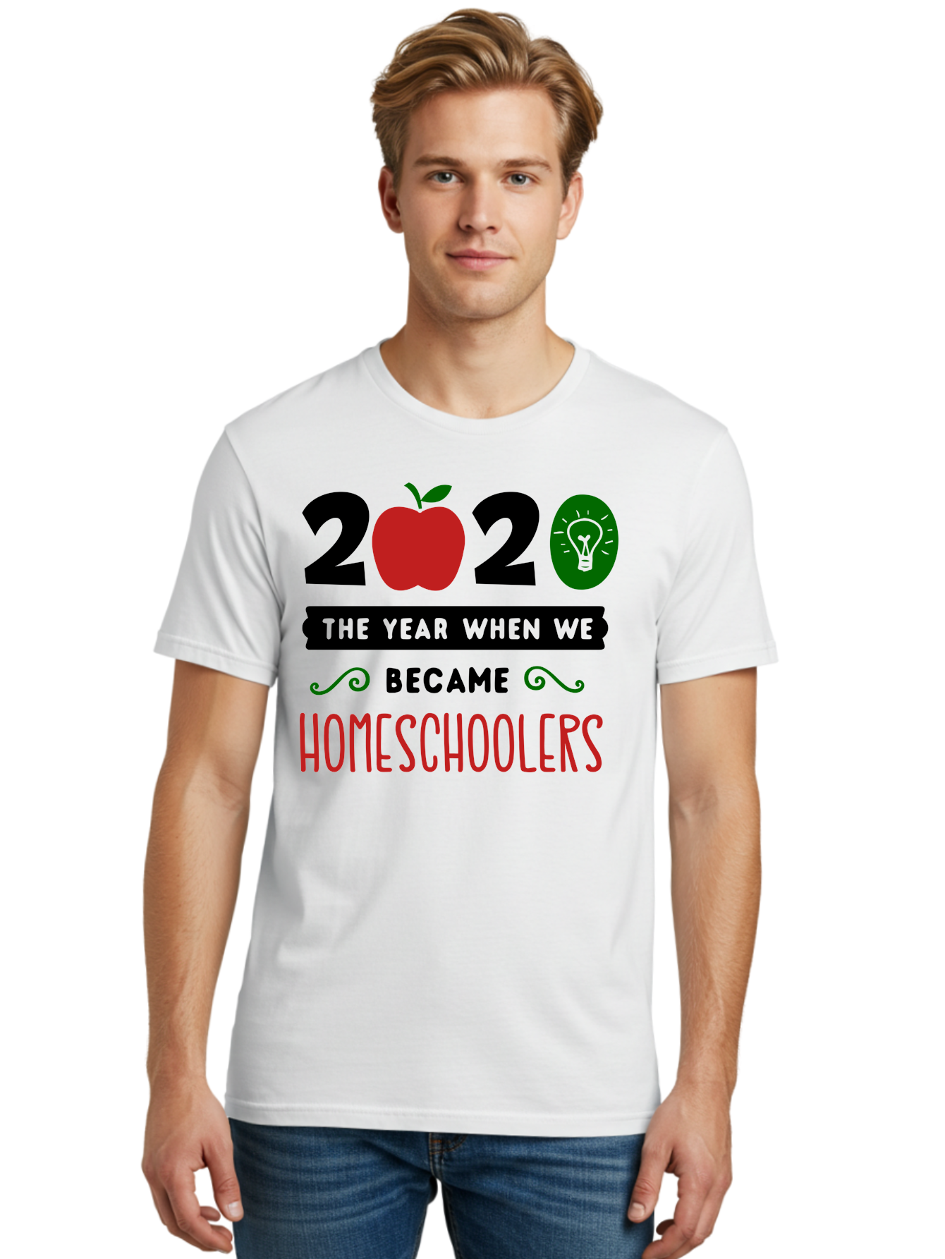 2020-The-Year-When-We-Became-Homeschoolers-3 Men'S Graphic Tee, 100% Cotton, Comfortable Casual Summer Wear, Machine Washable, Homeschooling, Homeschoolers, 2020, Apple, Light Bulb, Year Of Change, Educational Shift, Learning At Home, Aab311 6