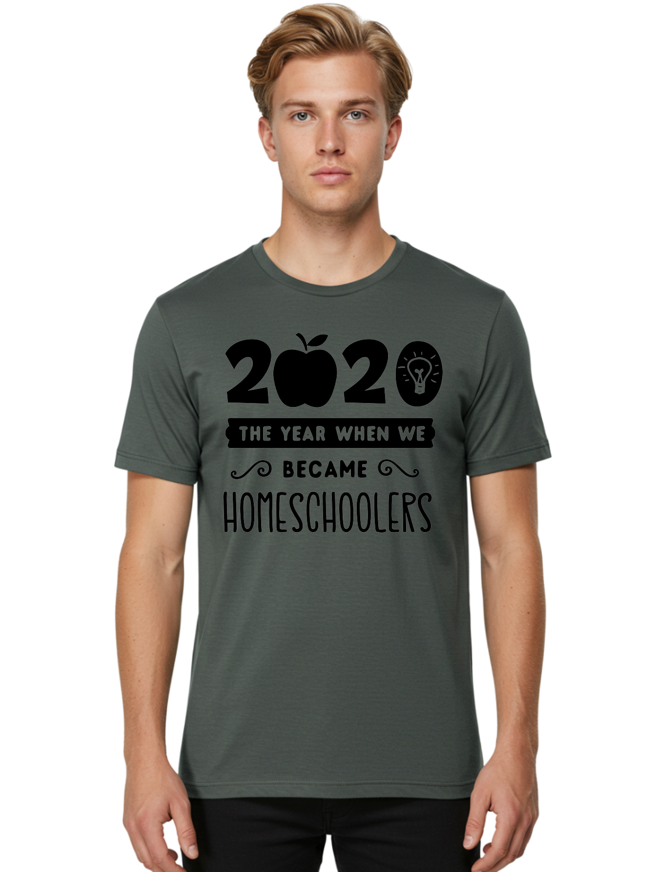 2020-The-Year-When-We-Became-Homeschoolers Men'S Graphic Tee, 100% Cotton, Comfortable Casual Summer Wear, Machine Washable, Homeschooling, Online Learning, Education, 2020, Homeschoolers, Apple, Lightbulb, School Year, Aab312 24